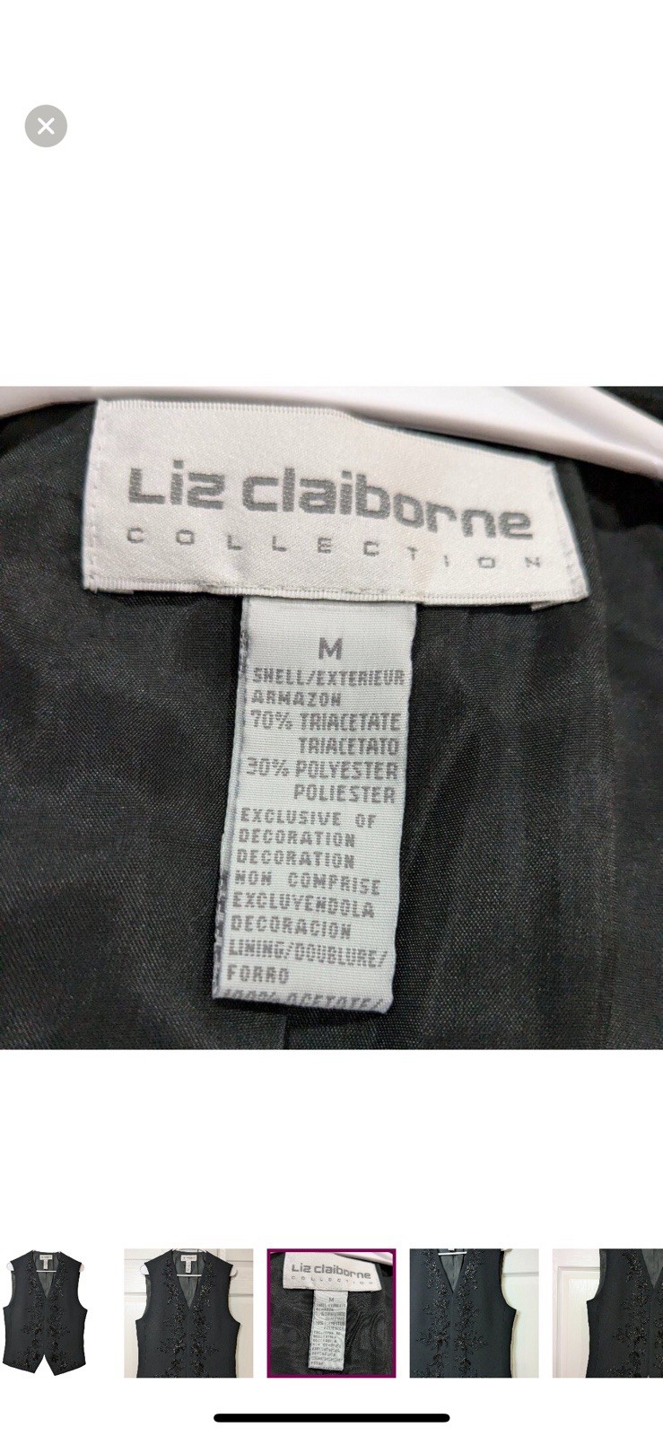 Vintage Liz Claiborne Collection 1990s Bead Embellished Vest Hook/Eye Black M