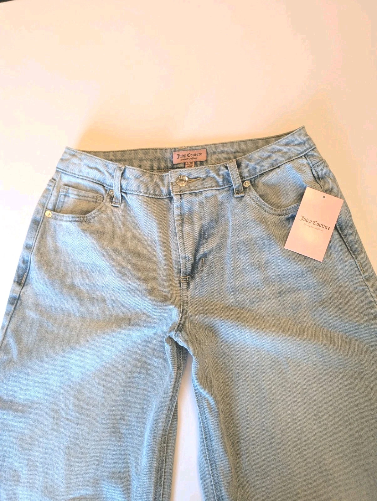 Juicy Couture Light Wash Rhinestone Embellished Jeans 7/28 Wide Leg Hi Rise Y2K