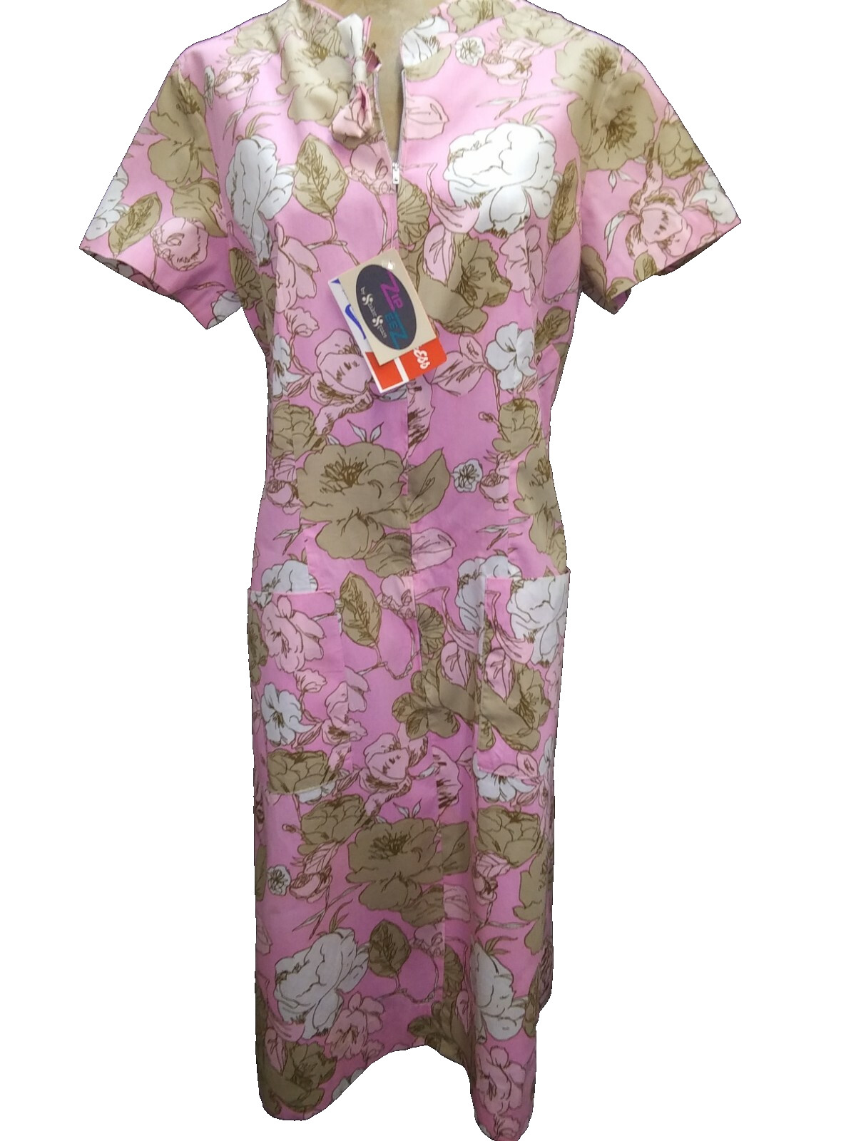 1960’s Pink Tan White Zip Front Cotton Rayon House Dress Shaker Square NWT ML