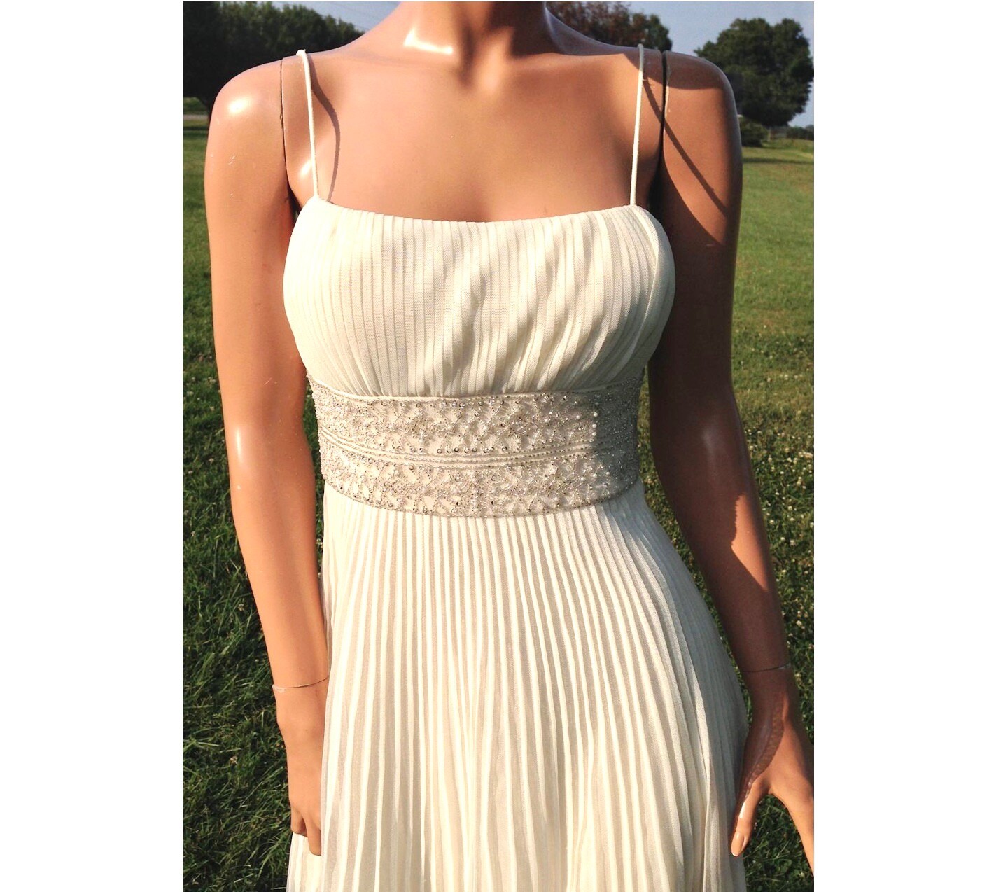 Women’s Ivory Beaded Empire Waist Perma-Pleat Fit & Flare Spag Strap Party Dress