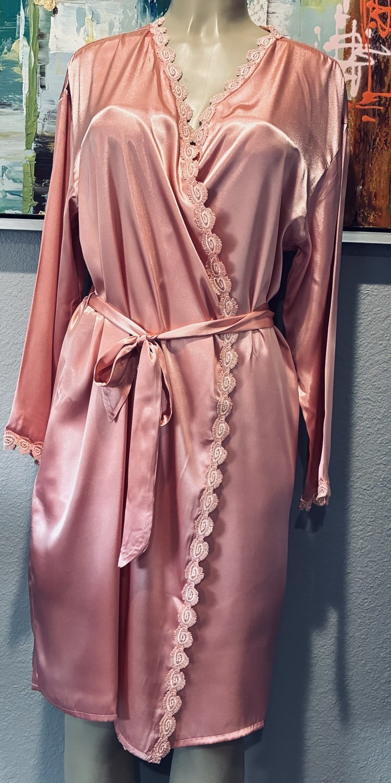 Vtg Peach Blush Satin Lounge Wrap Robe M
