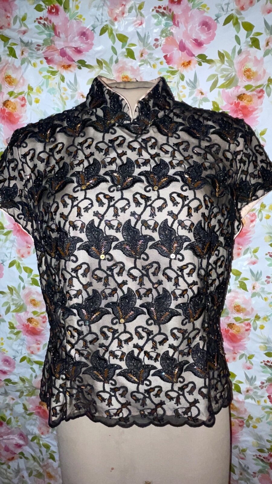 Vintage J. Peterman Co. Mandarin Collar Beaded Top-14-NOS