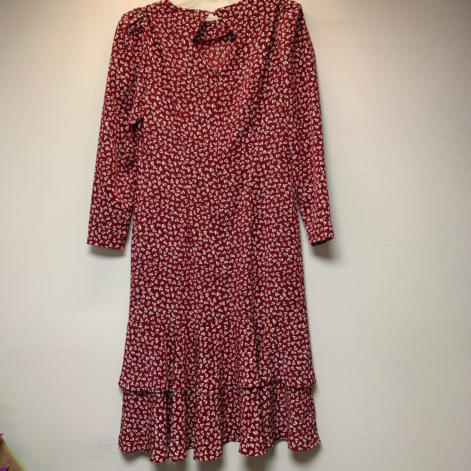 PBJ Vintage Midi Dress Women 11 Red White Geometric Tiered Ruffle Hem Long Slee