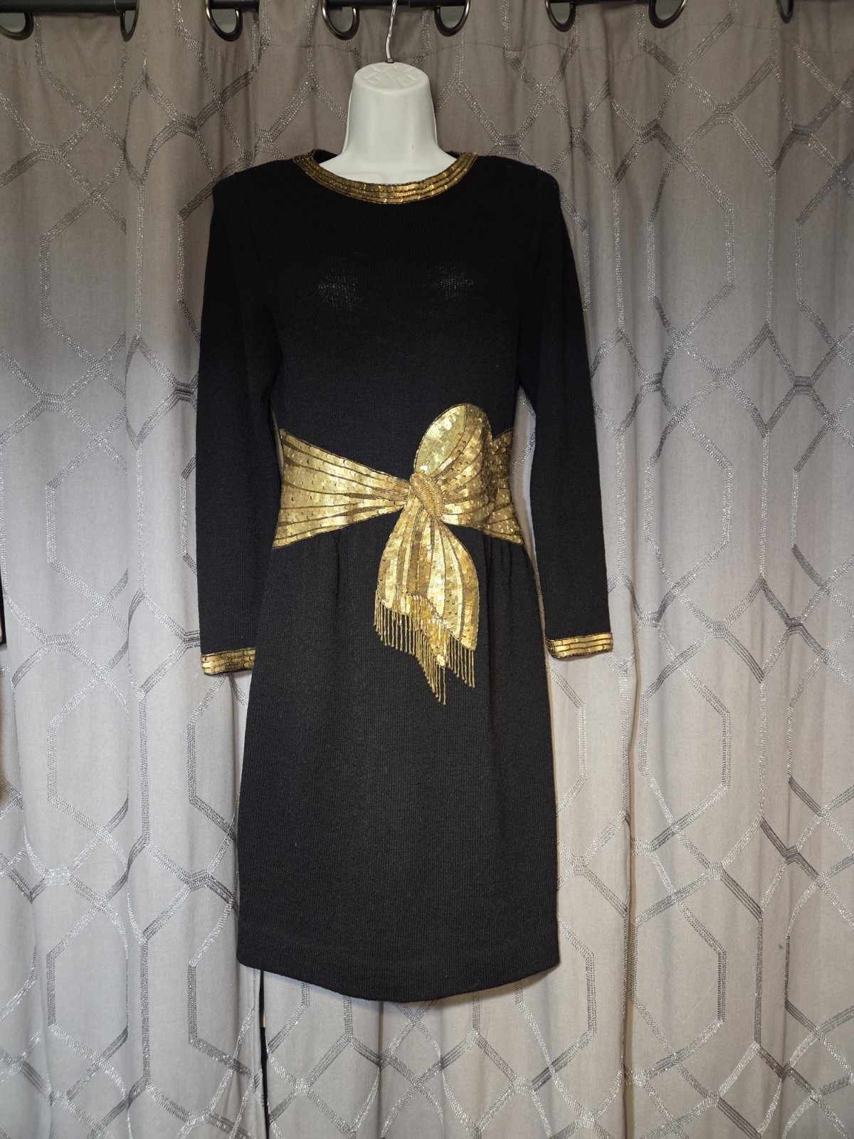 Vintage 80s Don Sayres for Wellmore Black Knit Gold Sequins Beads Sweater Dress