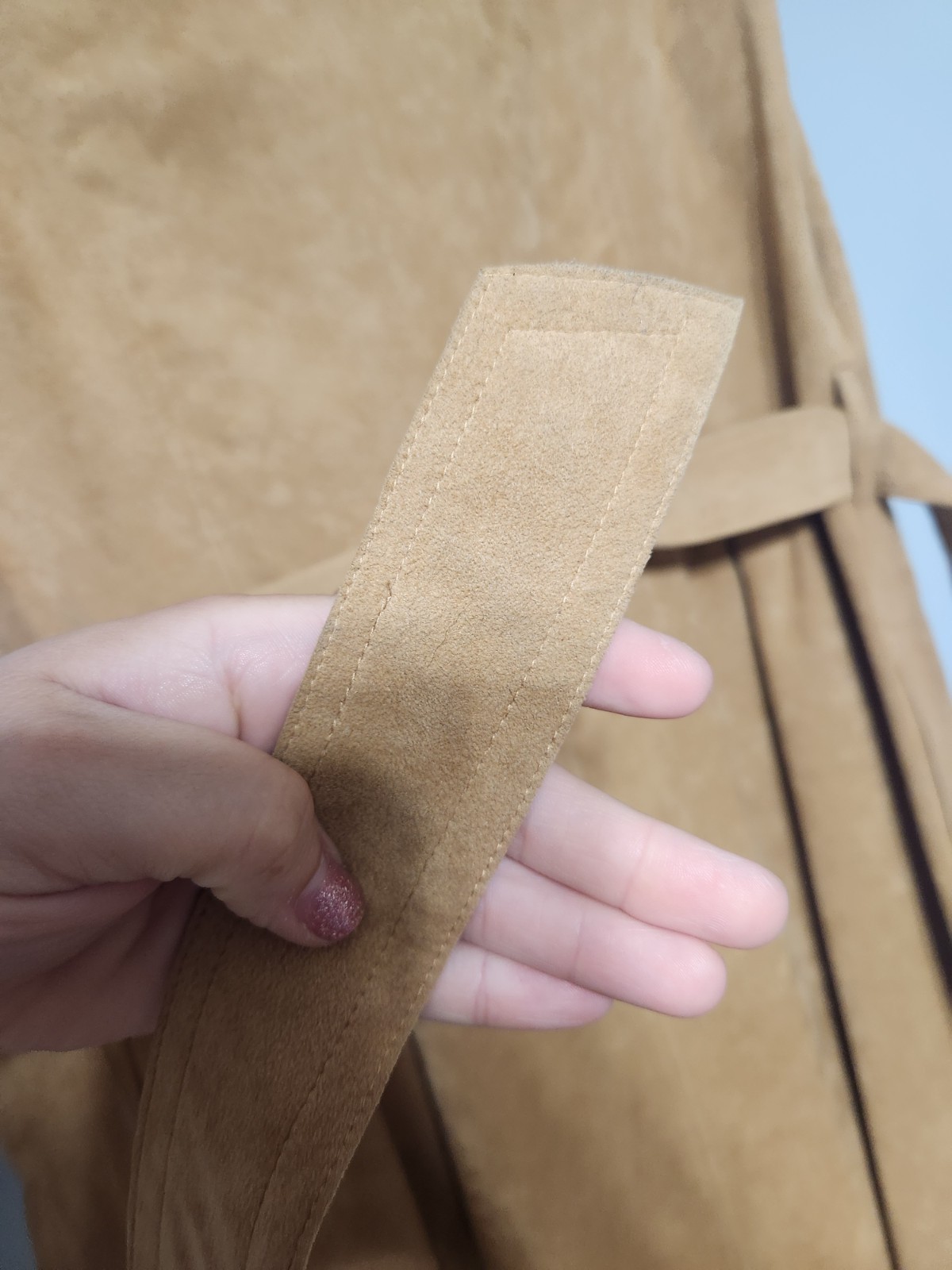 Vintage Gino Rossi Wilson Ultrasuede Tan Button, Belted Midi Dress. USA. Size 12