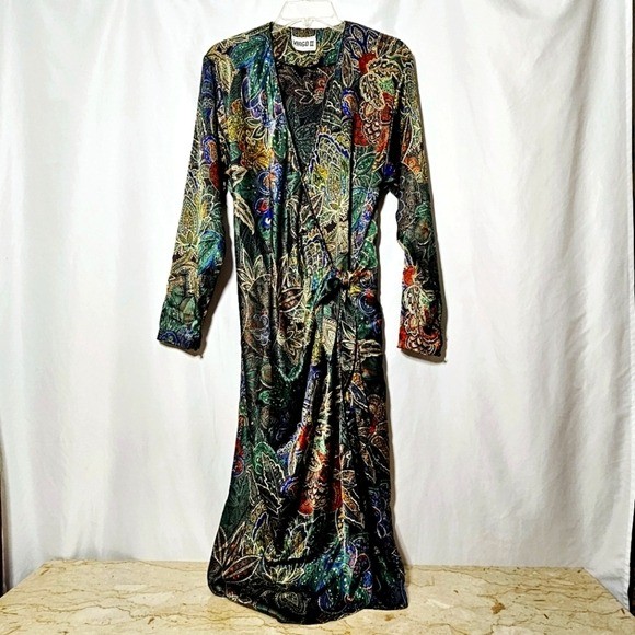 Vintage 70’s VIRGO II Colorful Floral Paisley Satiny Wrap Midi Dress S-M