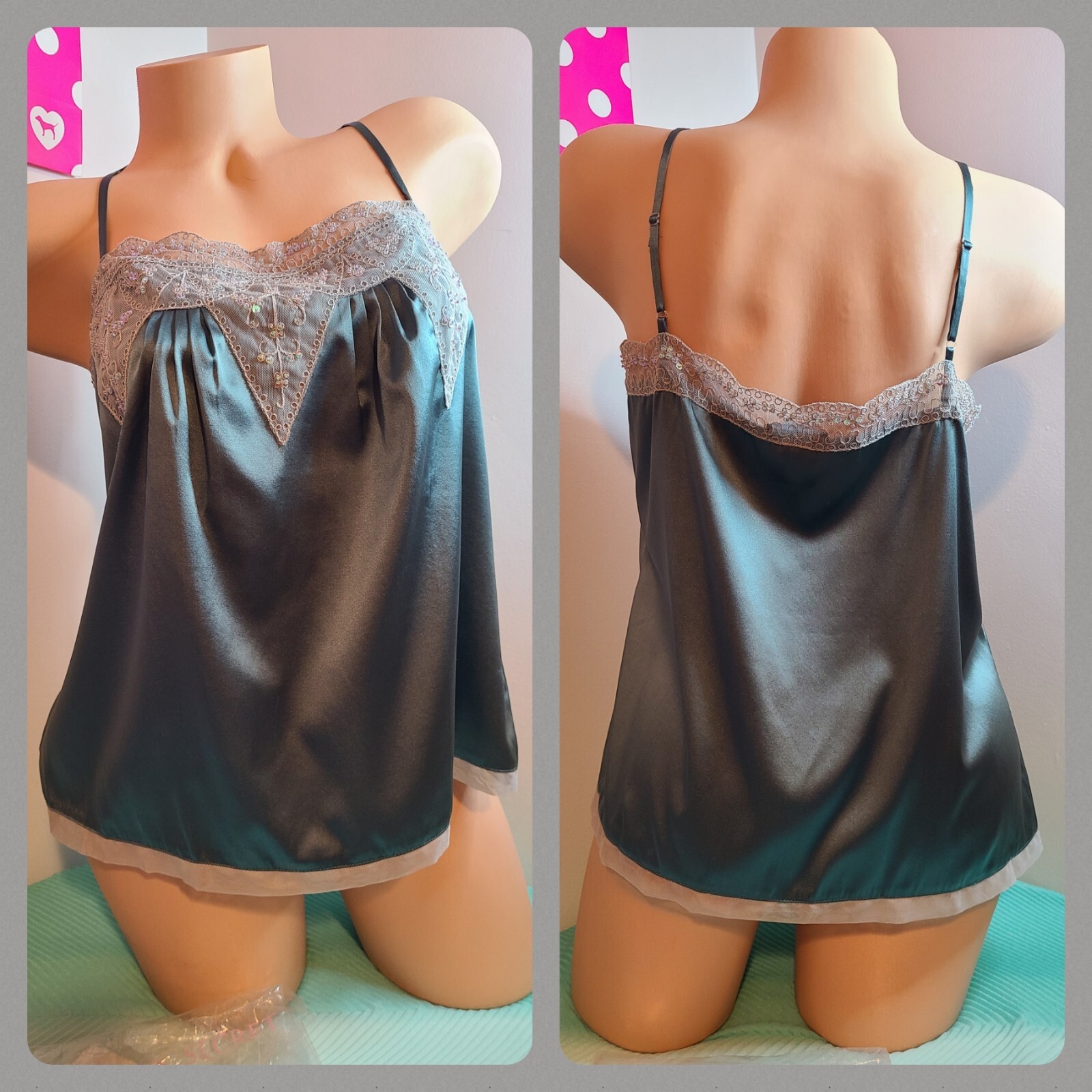 New VTG VS Moda International 100% Silk Sequin Cami Size Lg – Dusty Teal