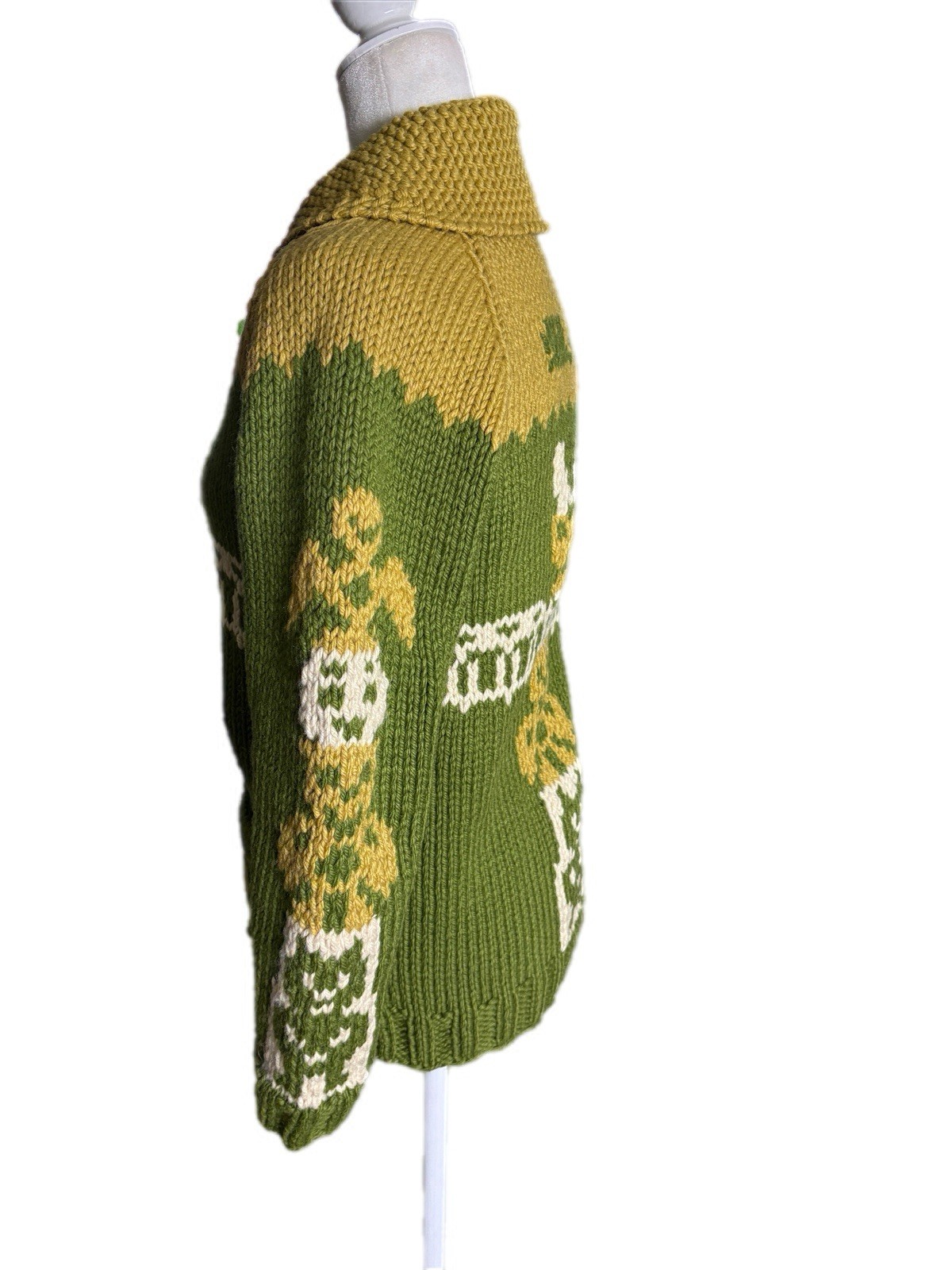 Vintage 50’s Cowichan Sweater Womens S Green Totem Alaska Warm Heavy Cardigan