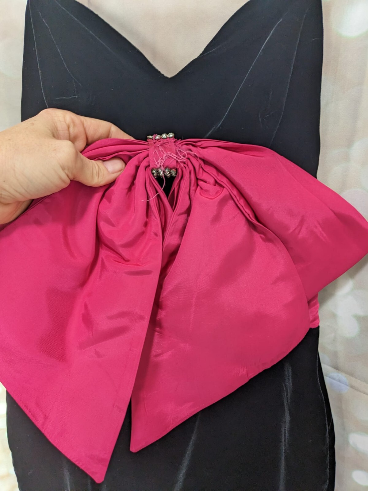 Climax David Howard Vintage Black Velvet W Hot Pink Banded Waist Bow Dress 5/6