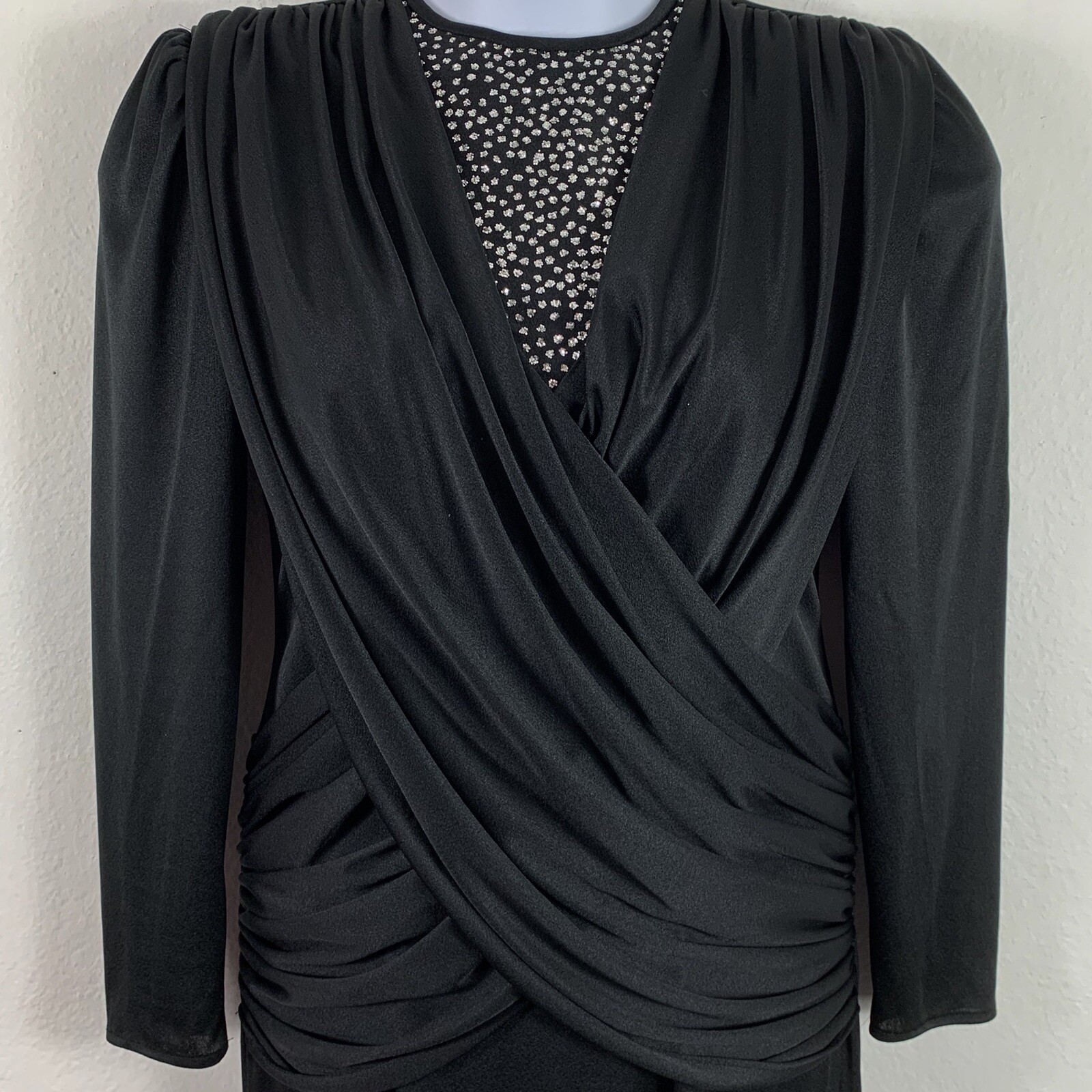 Vintage Dress Size 8 Formalwear Knee Length Black Silver Glitter Ruched Amy Deb