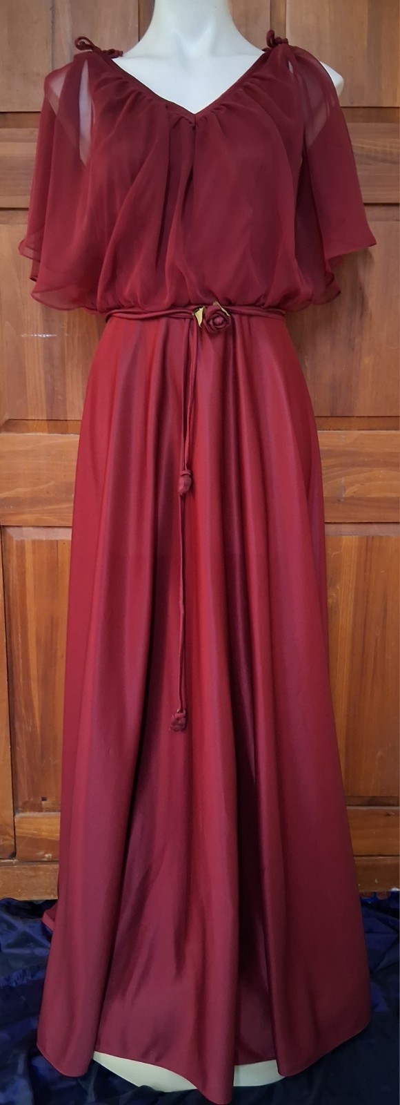Vintage 80s Crimson Winter Red Wine Roses Disco Era Drape Bridesmaid Prom Gown S