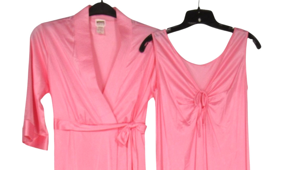 VTG MONTGOMERY WARD Pink NYLON Tie Keyhole LOUNGE ROBE/NIGHTGOWN SET Sz S/32