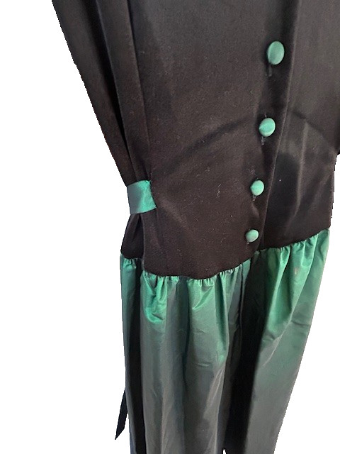 Just Ducky Vtg Dress Sz12-13 Black Velvet Emerald Green Taffeta Buttons Ties
