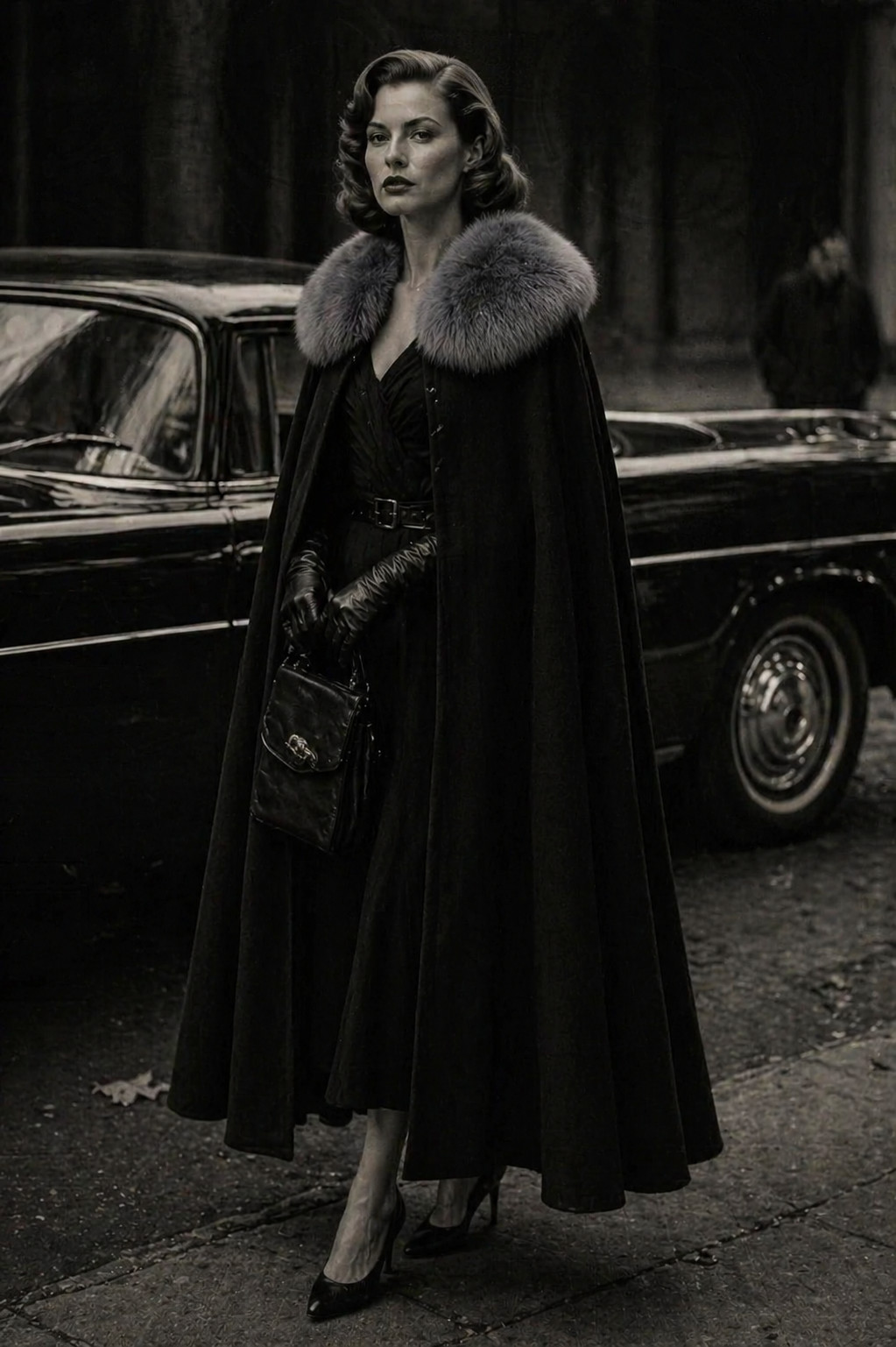 ✨ Vintage Couture Cape 60s Black Wool Cape Real Fur Collar Old Money XL