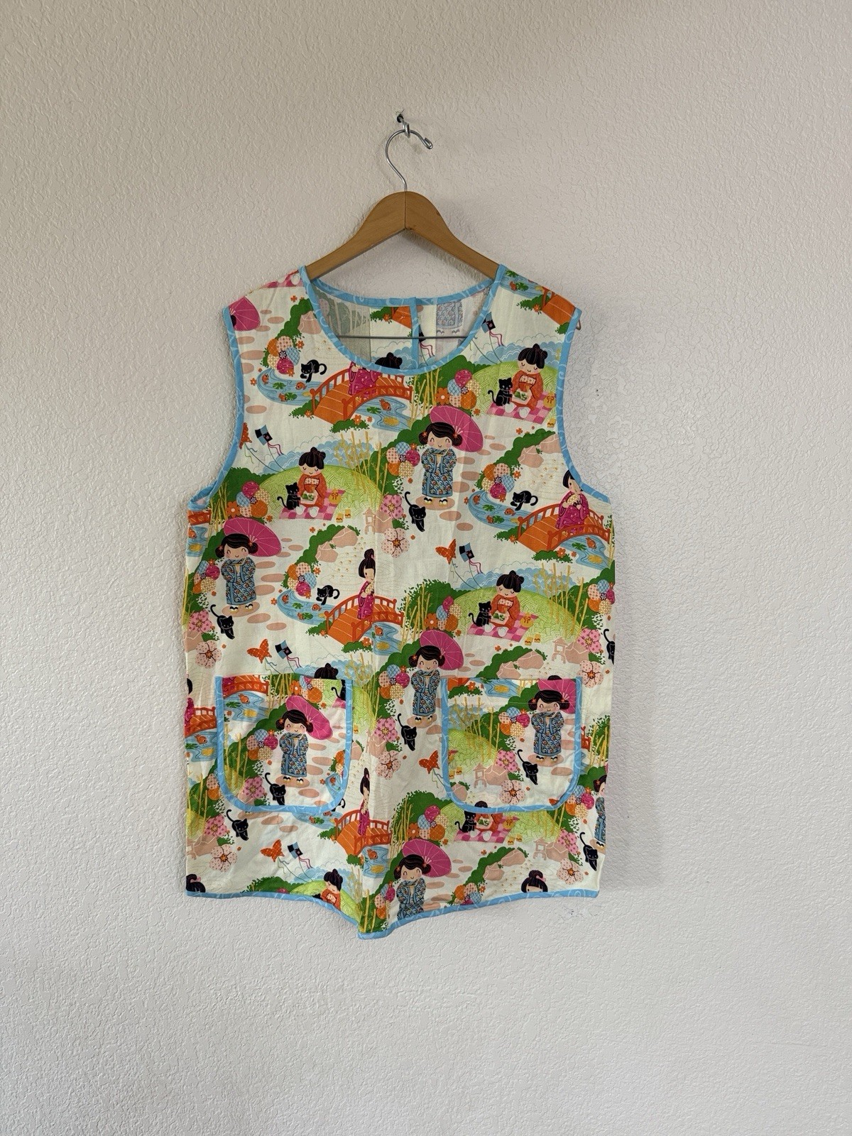 Vintage Handmade Japanese Kawaii XL Top Smock Novelty Print Open Back Cotton New