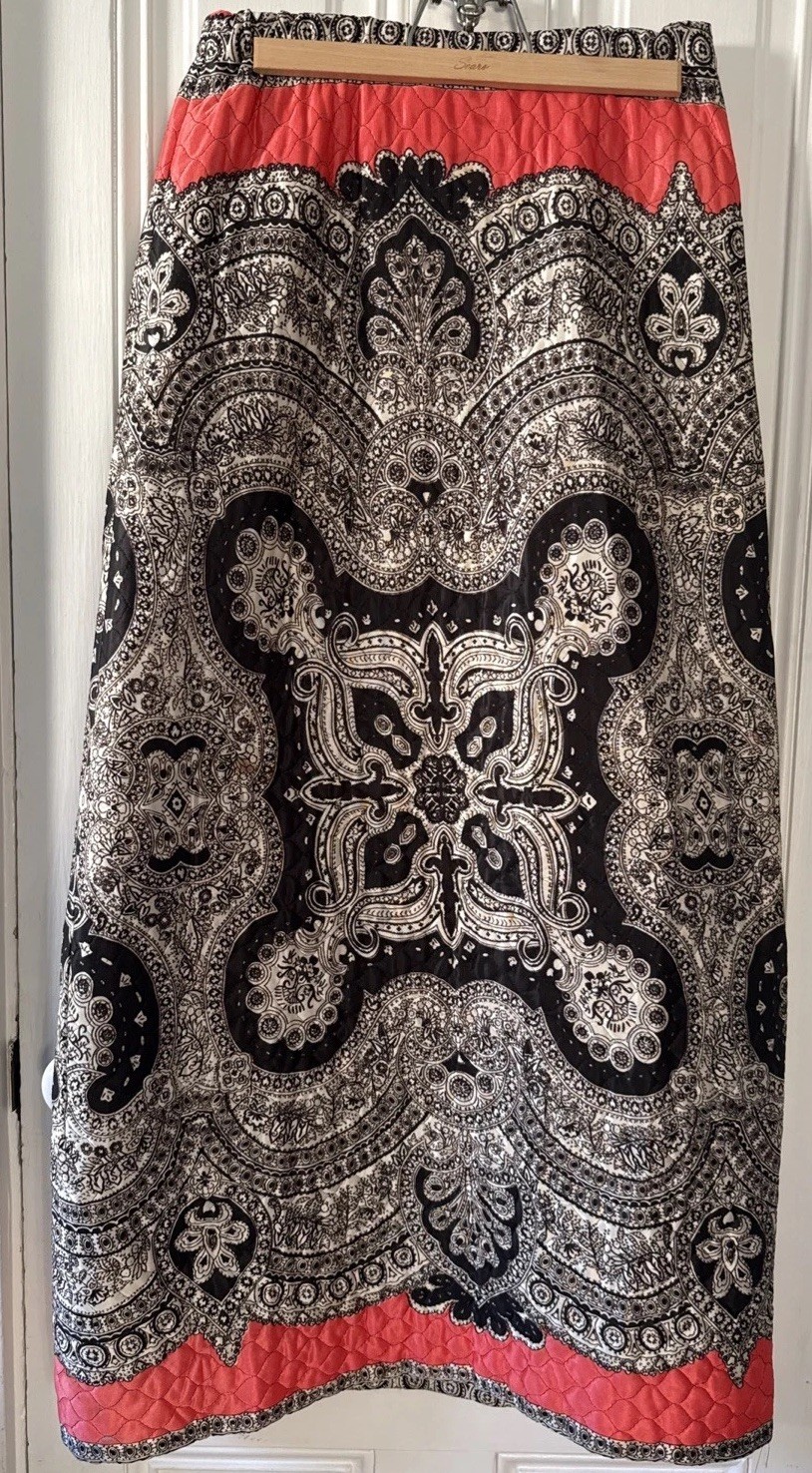 Vtg 60s Quilted Maxi Hostess Skirt -Black & White Medallion w Orange Border-Sz M
