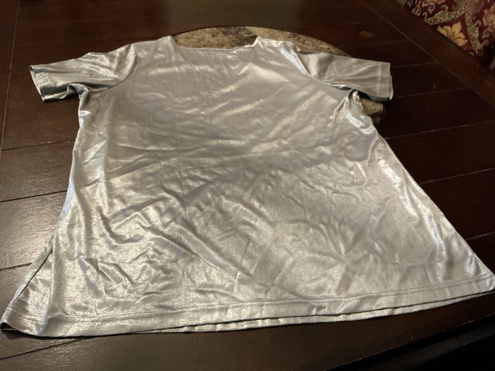 Silver Metallic Satin Shiny Camisole Shirt Top L, Roaman’s, short sleeve, used