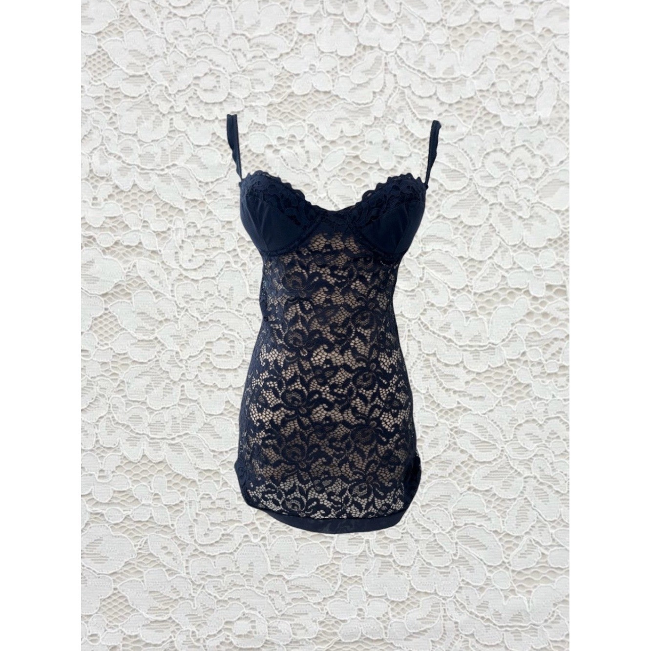 vintage victoria’s secret navy blue lace babydoll chemise slip dress