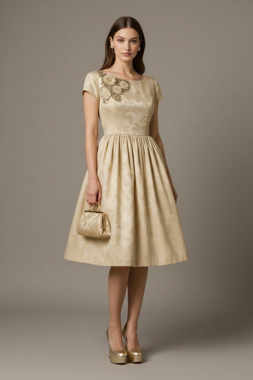 Dress XS Vtg 50s EMBOSSED LEAF BEADED SEQUIN FLORAL Applique PINUP COCKTAIL Gold