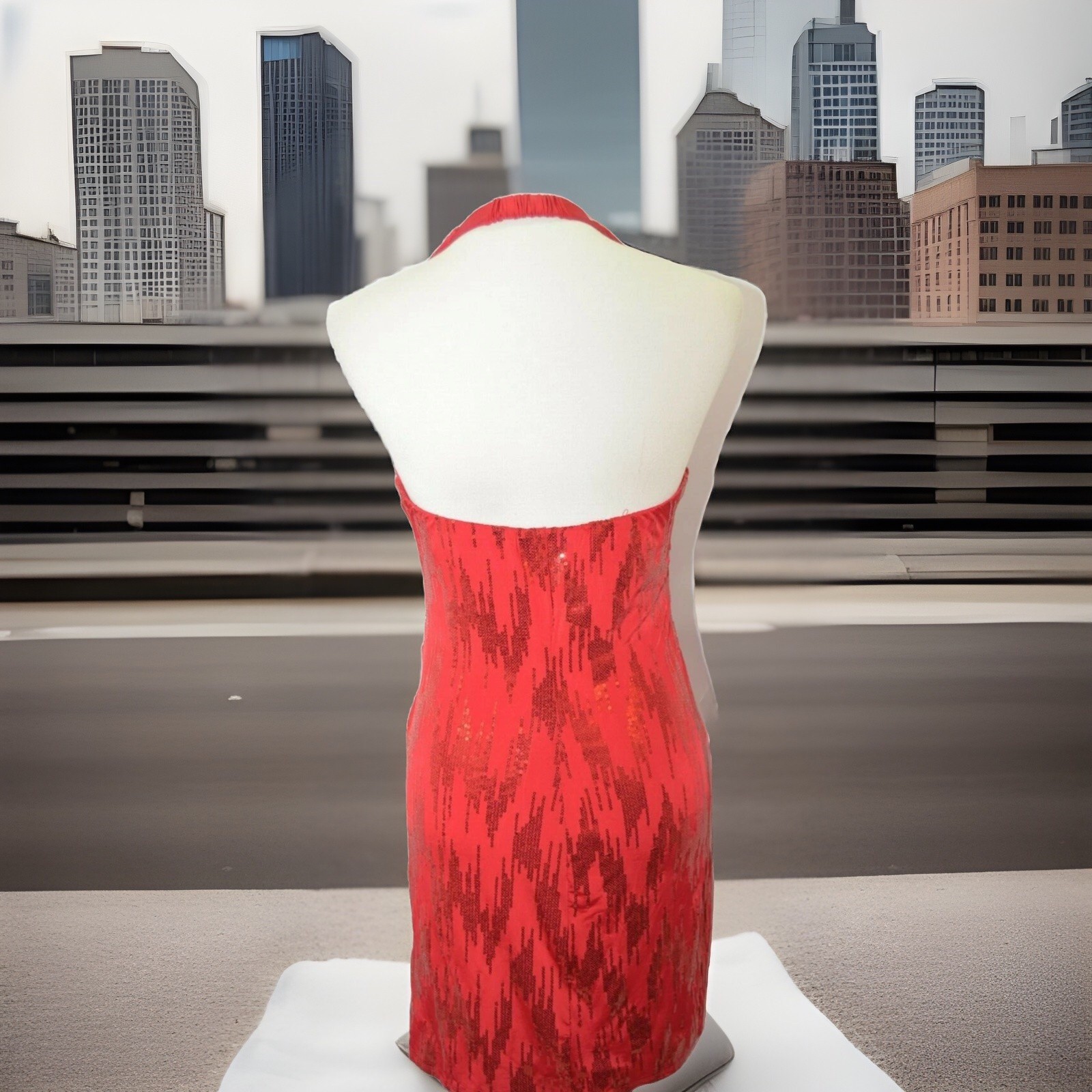 Fredericks of Hollywood Red Sequin Halter Mini Dress Size M Sweetheart Bust Prom