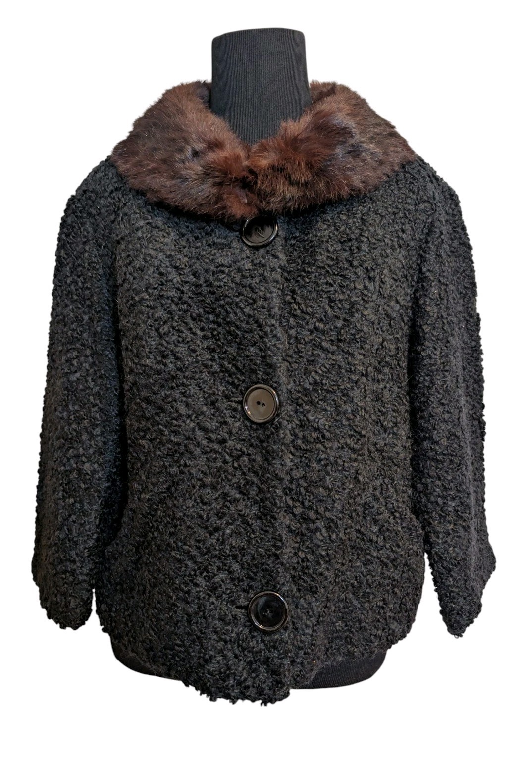 VTG WINTER brand 60s Women’s Black Wool Boucle 3/4 Slv Crop Jacket Brown Fur Med