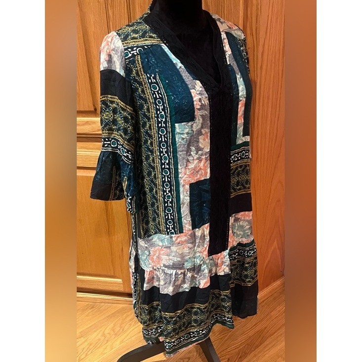 Anthropologie Maeve Patchwork Lace Trim Peasant Mini Dress Tunic Green Size XS