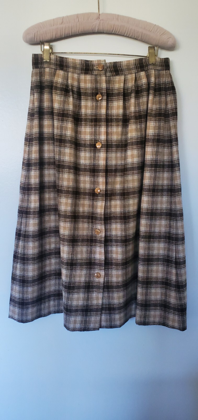 Vintage 1970’s Plaid A-line Skirt, Brown, Elegant, Secretary, Preppy, Button Up