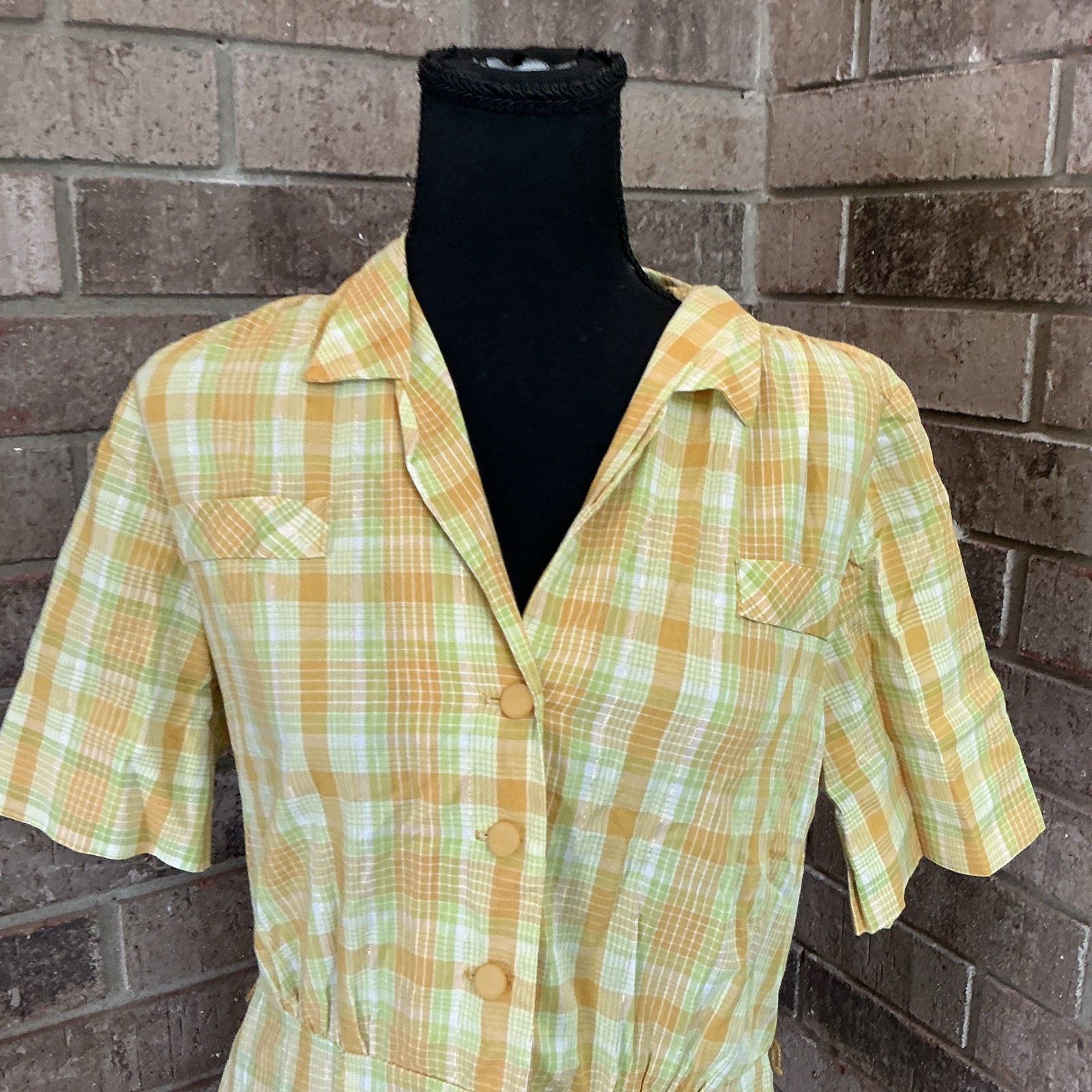 60s 70s VINTAGE Yellow Plaid Shirtwaist Midi Dress Button Front Size M #4901