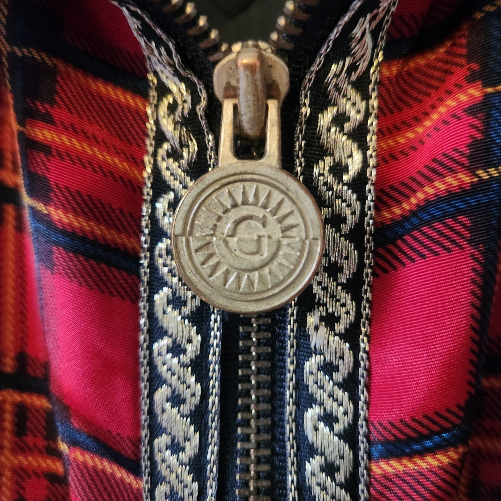 Vintage Giacca Sport Jacket Medium Black Gold Plaid Baroque Puffer Zip Up Plaid