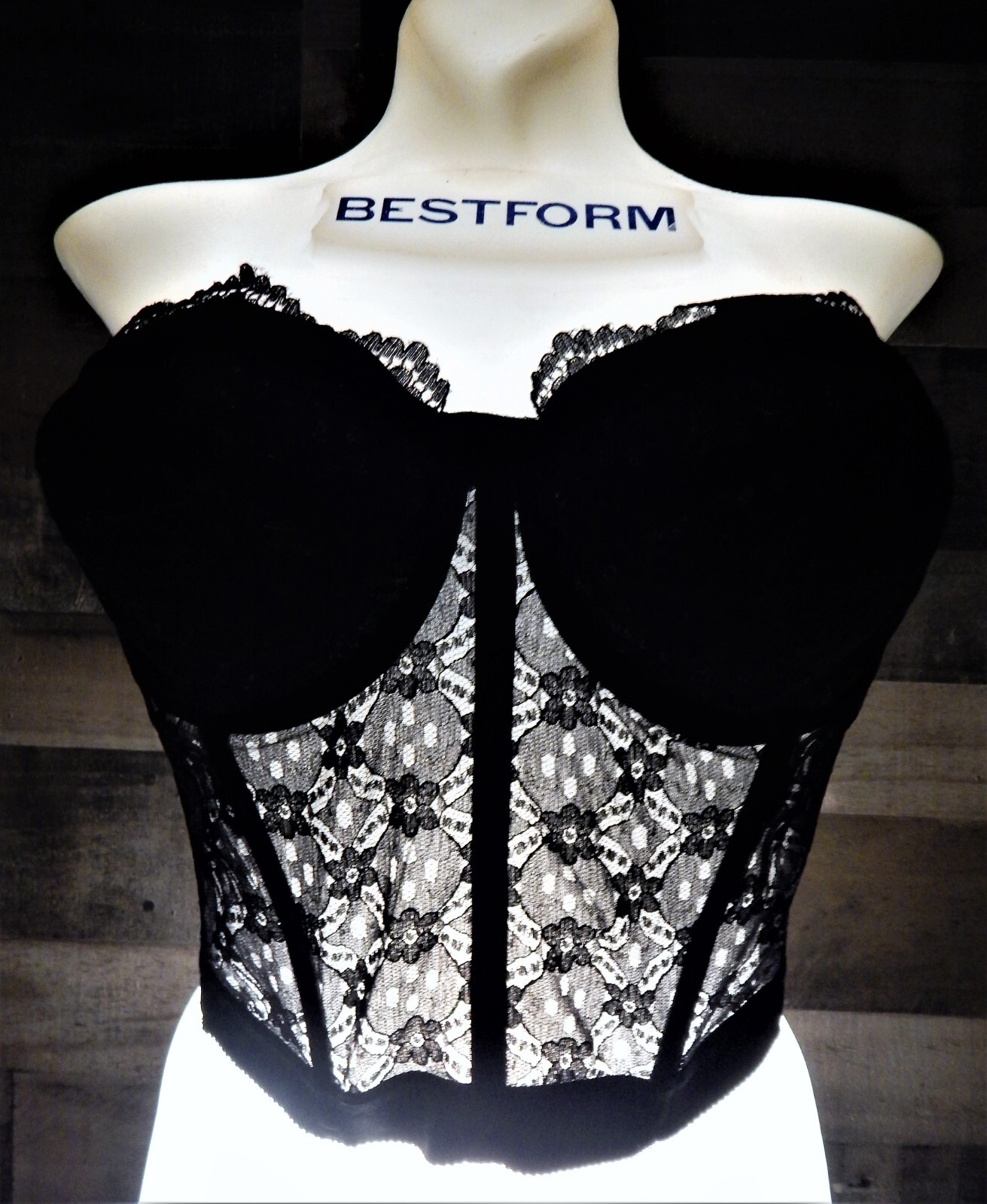 VTG Sears Black Lace Longline Padded Strapless Wire Bra 38C Low Plunging Back