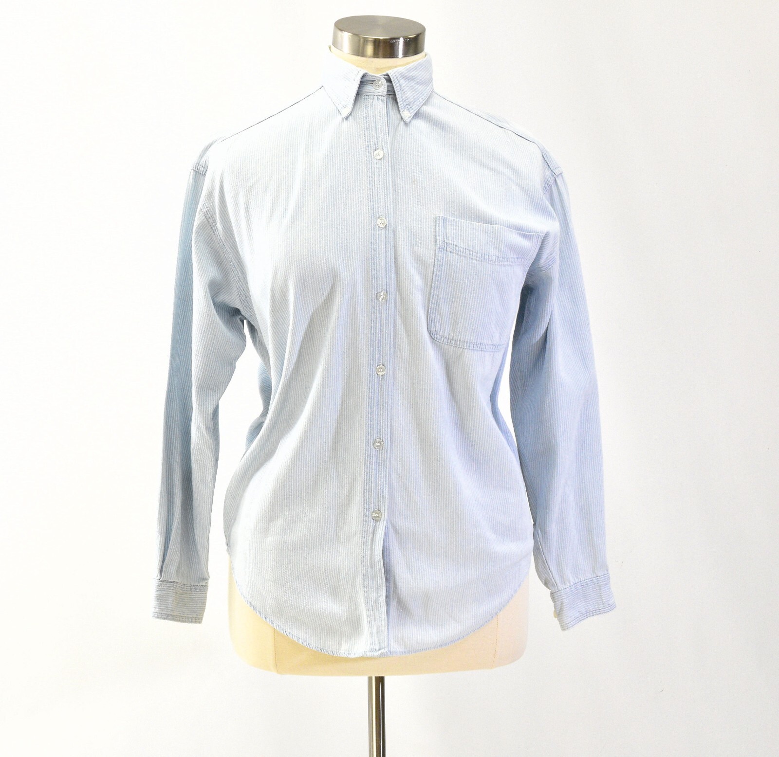 90s Vintage Blouse Top Womens M Andrews Blues White & Blue Rail Road Stripes
