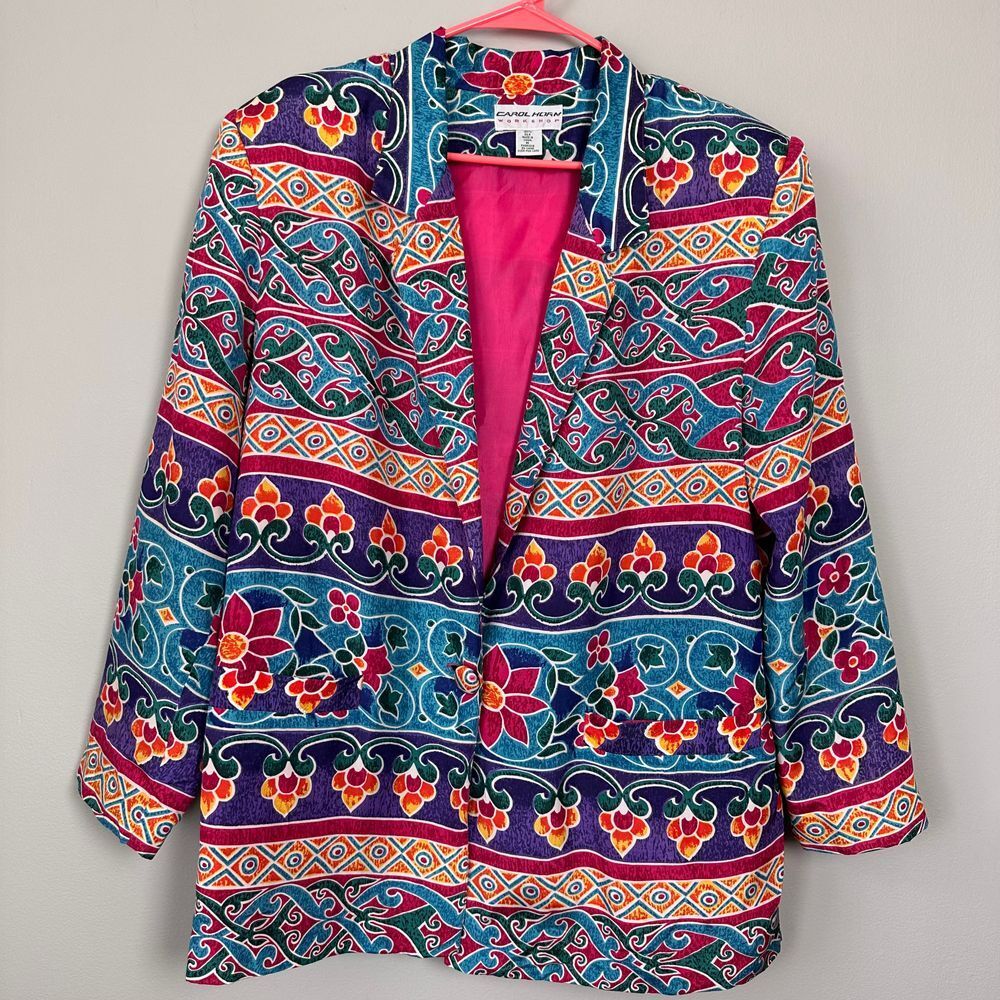 Vintage Carol Horn Women Medium Blazer Silk Floral Print Jacket 80s Arty