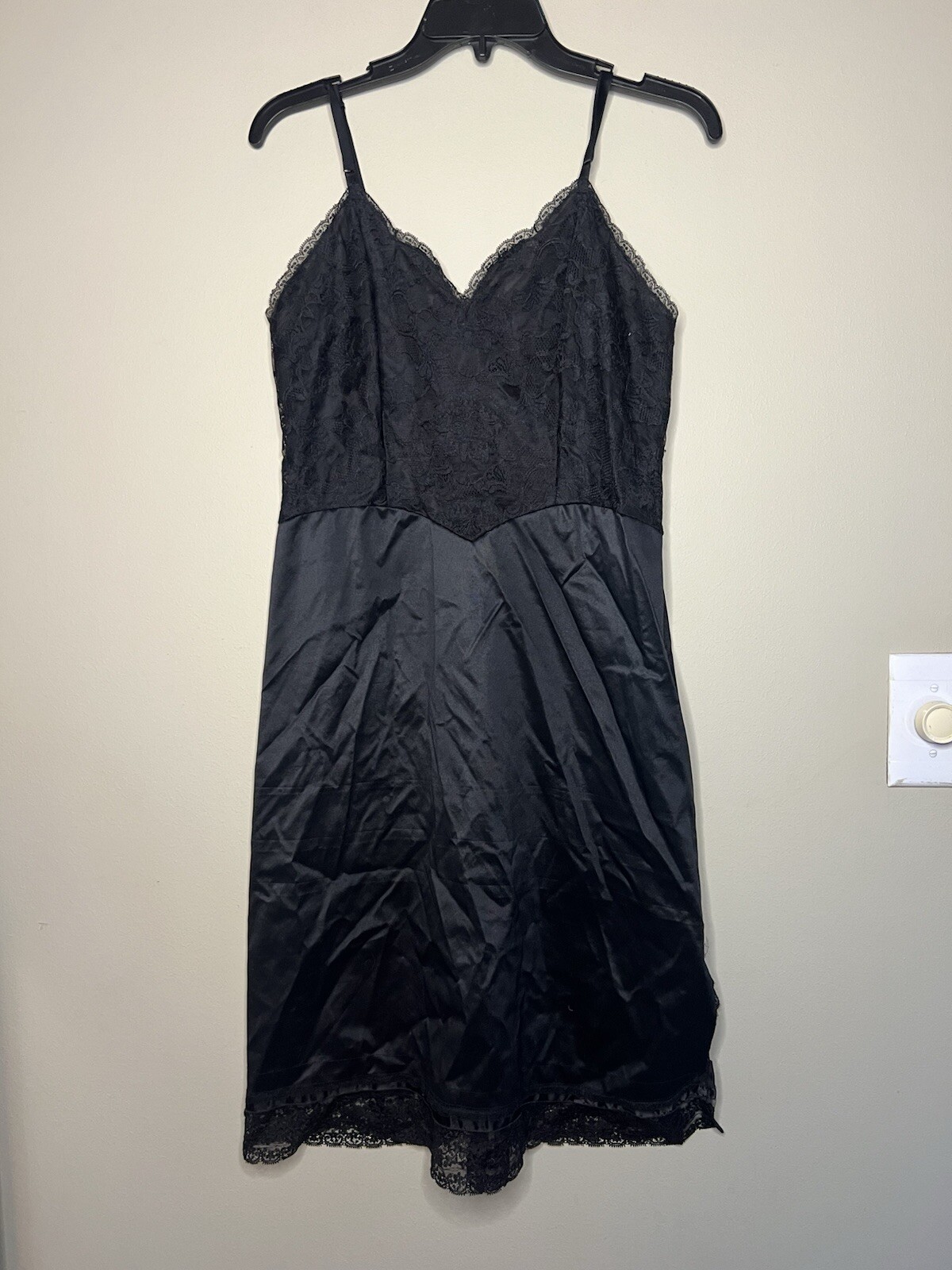 Vintage Vanity Fair Black Lace Satin Slip Nightgown Dress Small Made In USA