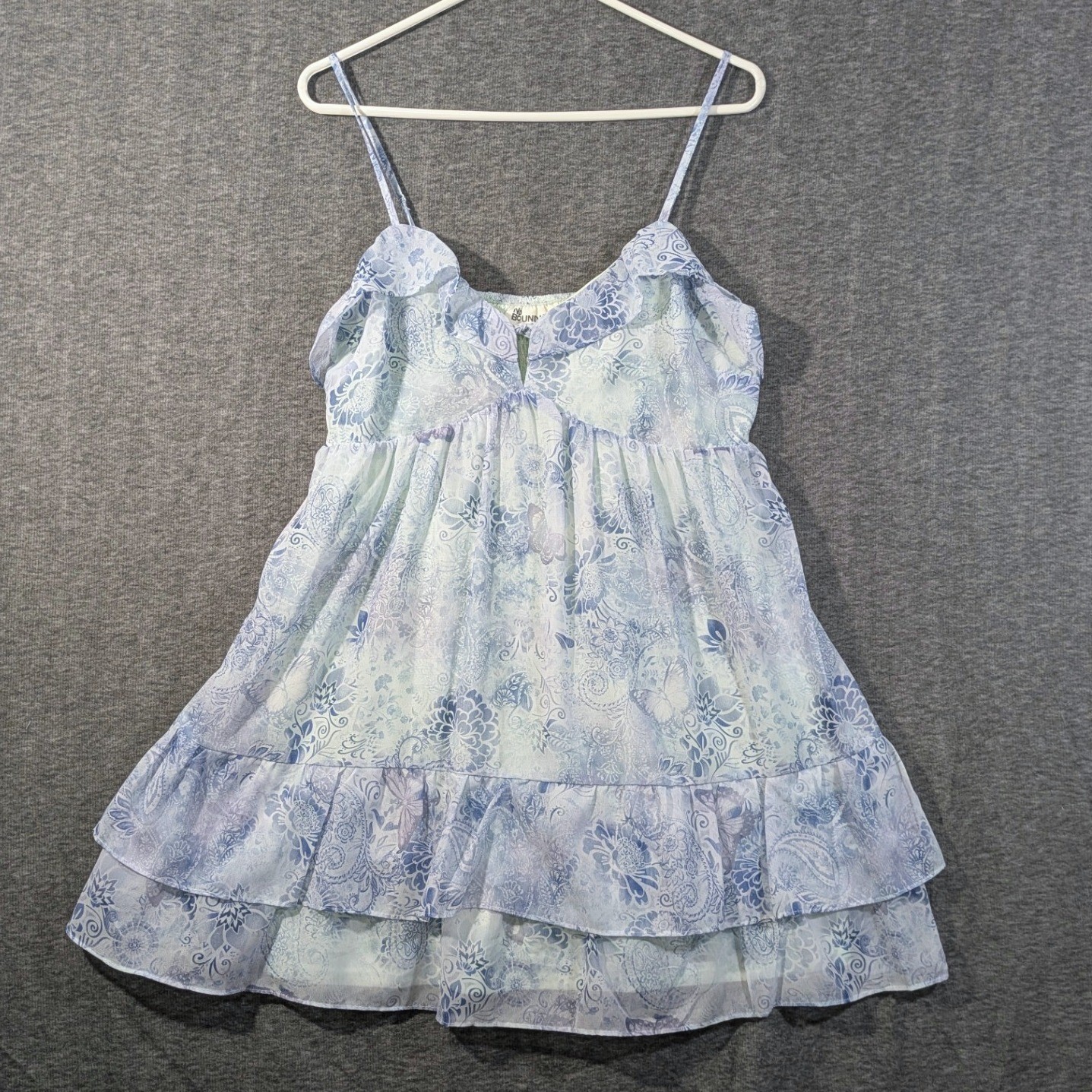 No Boundaries Blue Paisley Floral Babydoll Top Ruffle Tiered Smocked Size Large