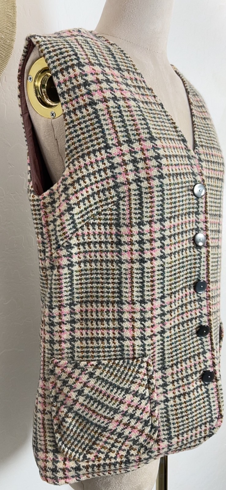 RUSS vtg wool houndstooth vest 12 preppy equestrian academia pink gray beige