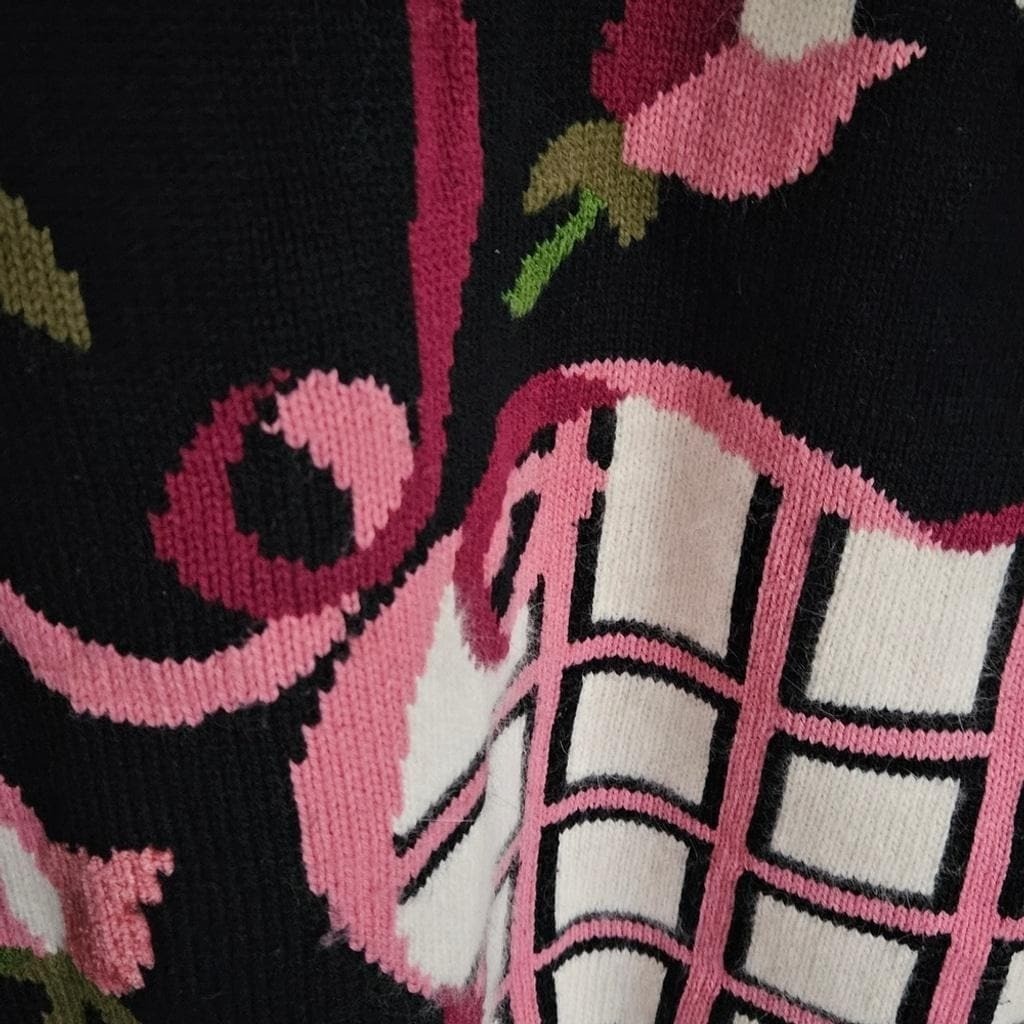 Vintage Emanuel Donna Pink Black Chunky Knit Floral Coquette Crewneck Sweater L