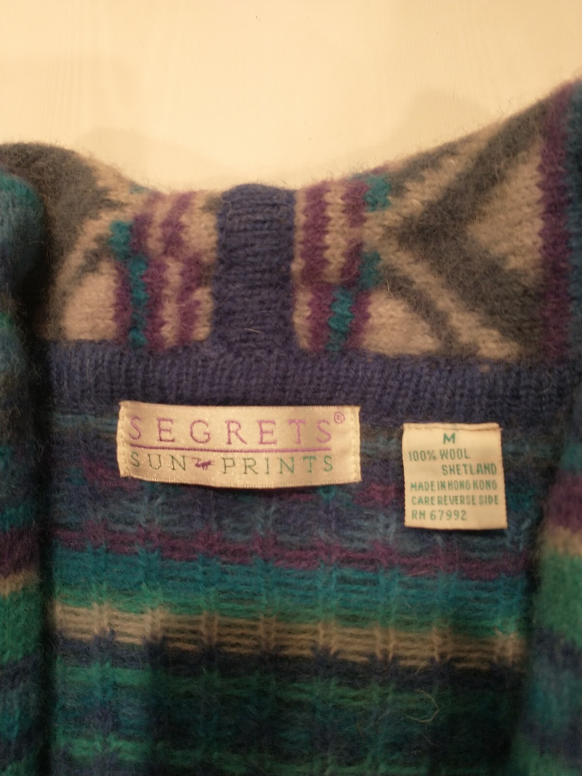 Vintage Segrets Sun Prints 90s Womens Size M Tribal Wool Cardigan Sweater Blue