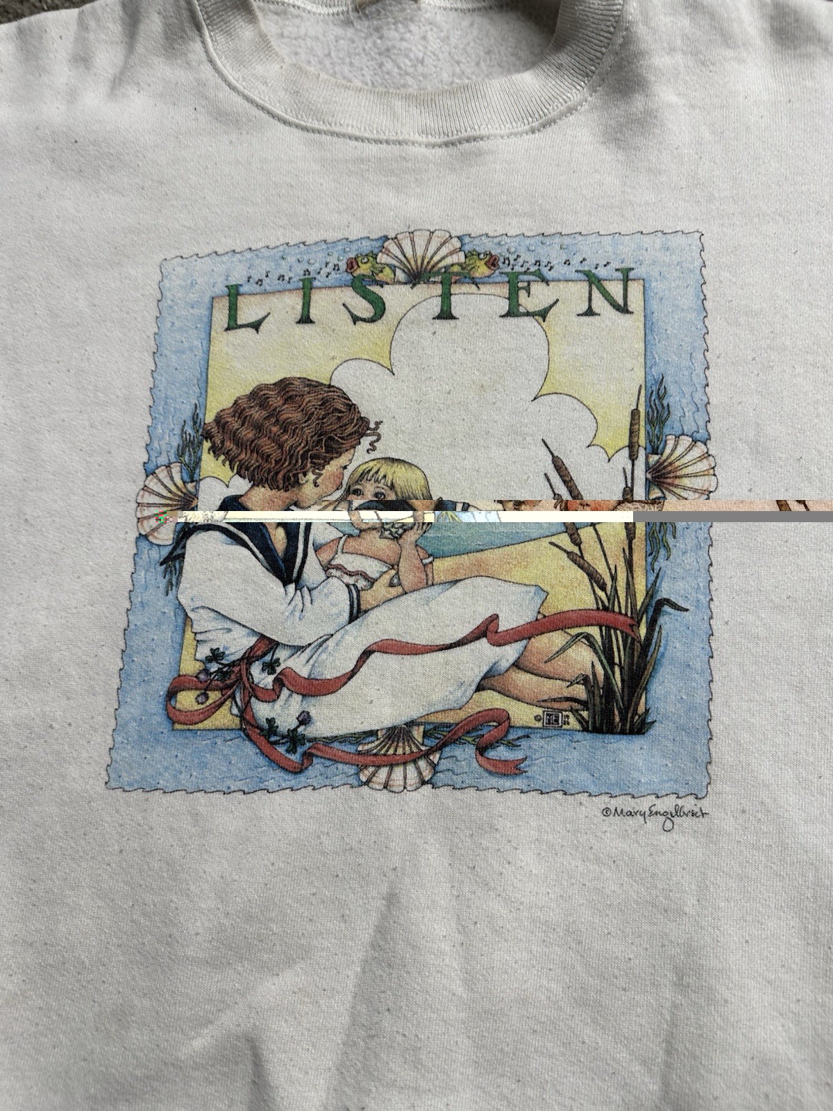 Vintage Jerzees Sweatshirt Womens Large White Mary Engelbreit Listen White XL