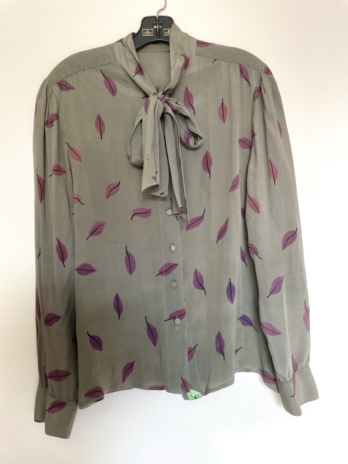 Silk Blouse Pussy Bow Green With Leaves Made In France Vintage – Probably Lanvin