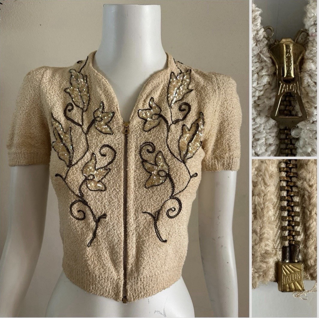1930s Boucle Sequin Cardigan Sweater Talon Bell Zip Puff Sleeve Art Deco