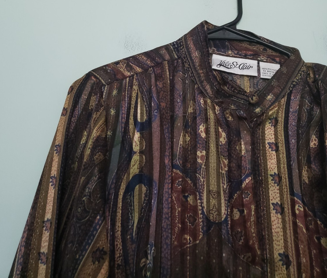 VTG Yves St. Clair Womens 12 Blouse Band Collar Paisley Stripe Gold Career Sheer