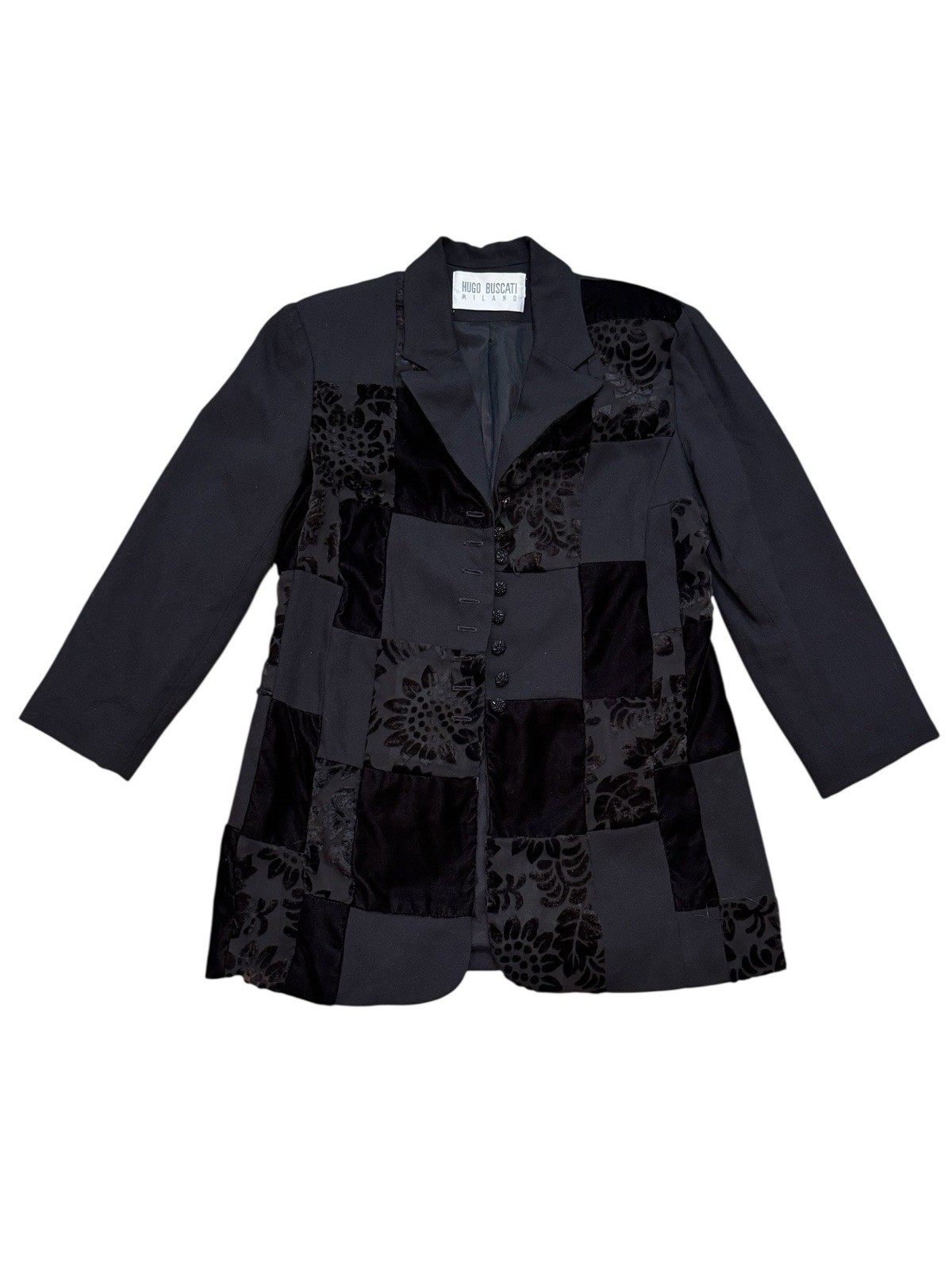 Vintage Hugo Buscati Milano Velvet Burnout Blazer M Black Patchwork 90s Luxe