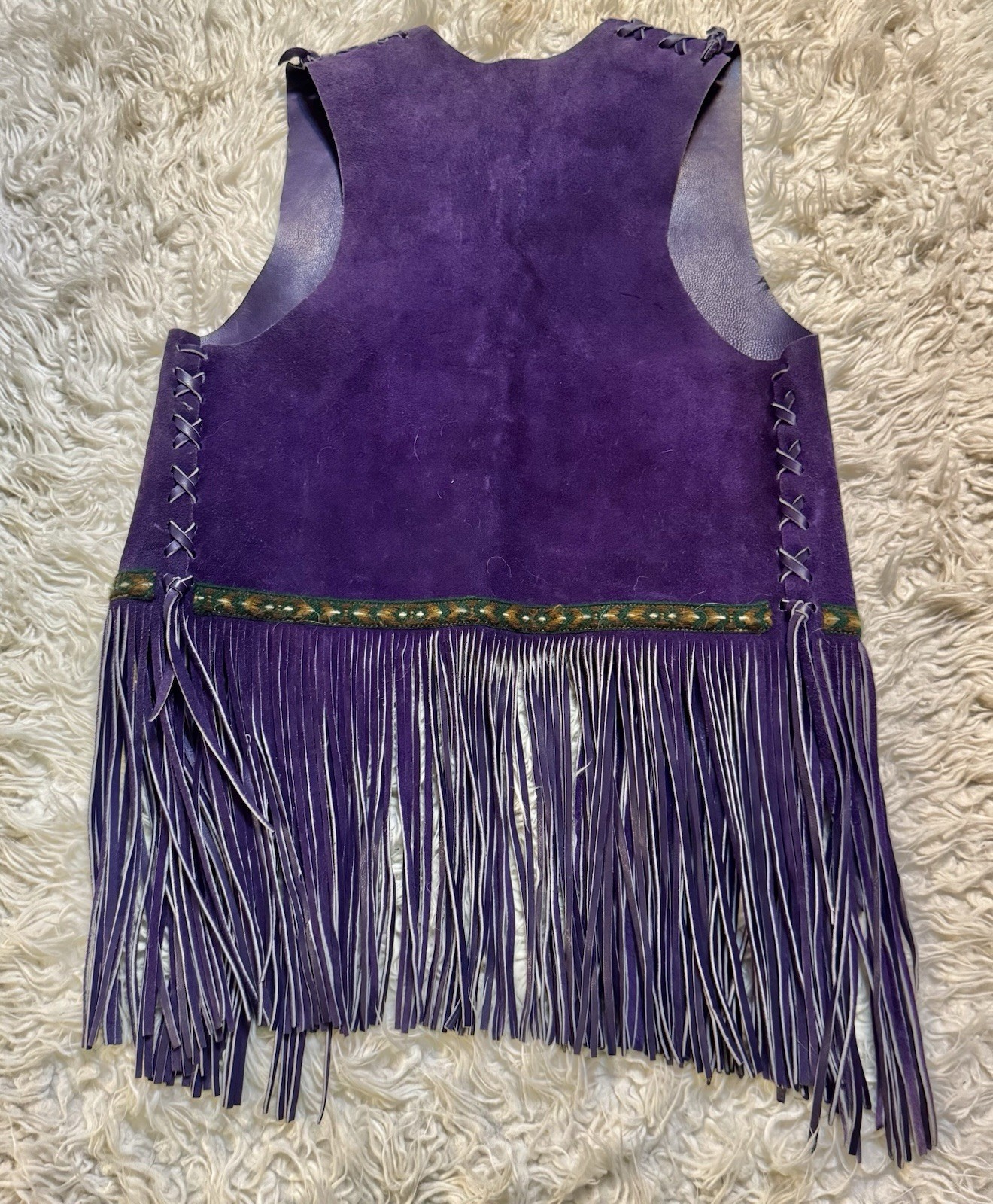 Vtg 70s Purple Leather Suede Vest Fringe Pocket Boho Rock Star Jacket Unisex