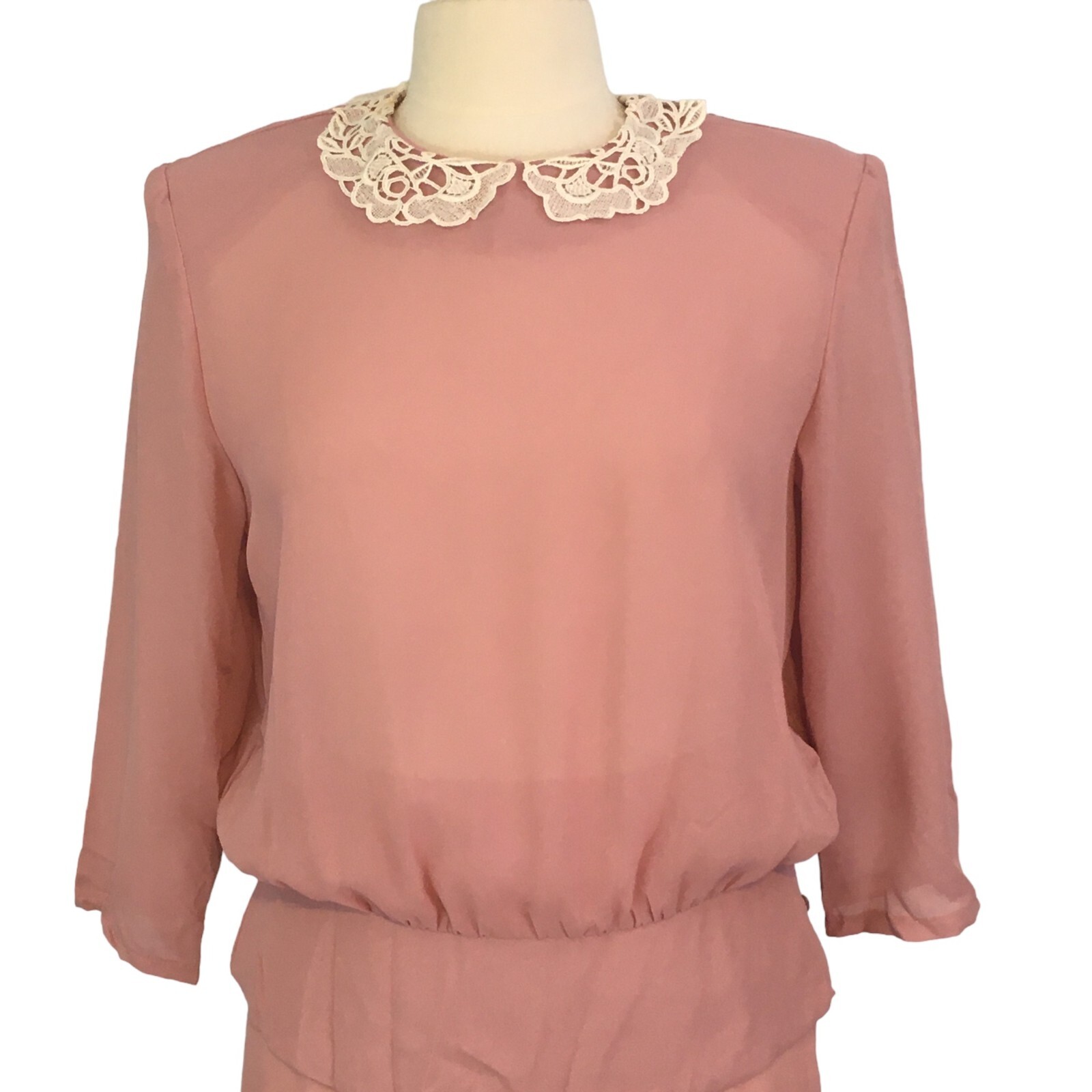 Amy-Deb Vintage 70’s Dusty Pink Sheer 2 pc dress, Lace Collar Cottagecore, sz 12