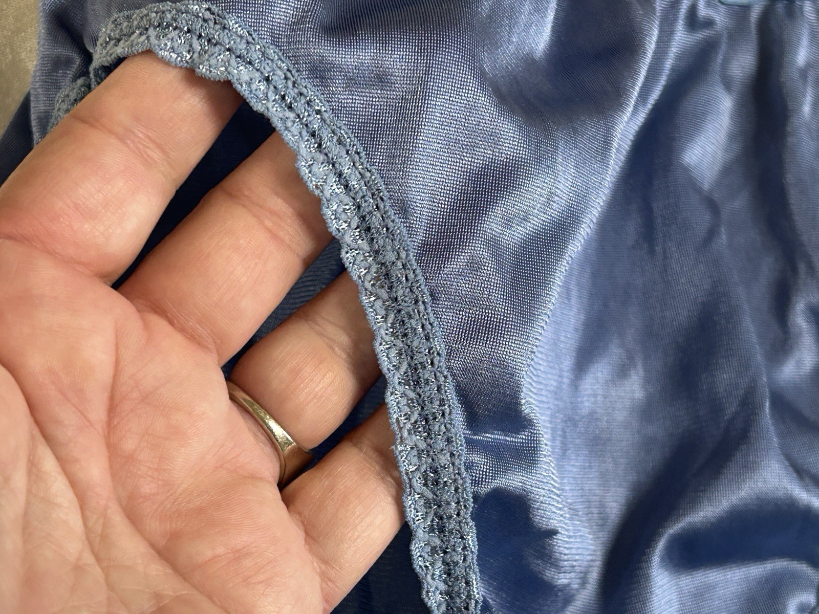 Vtg HANES Silky Satin Hi-Waist French Hi-Cut Wide Lace Band Size 6 Blue Panties