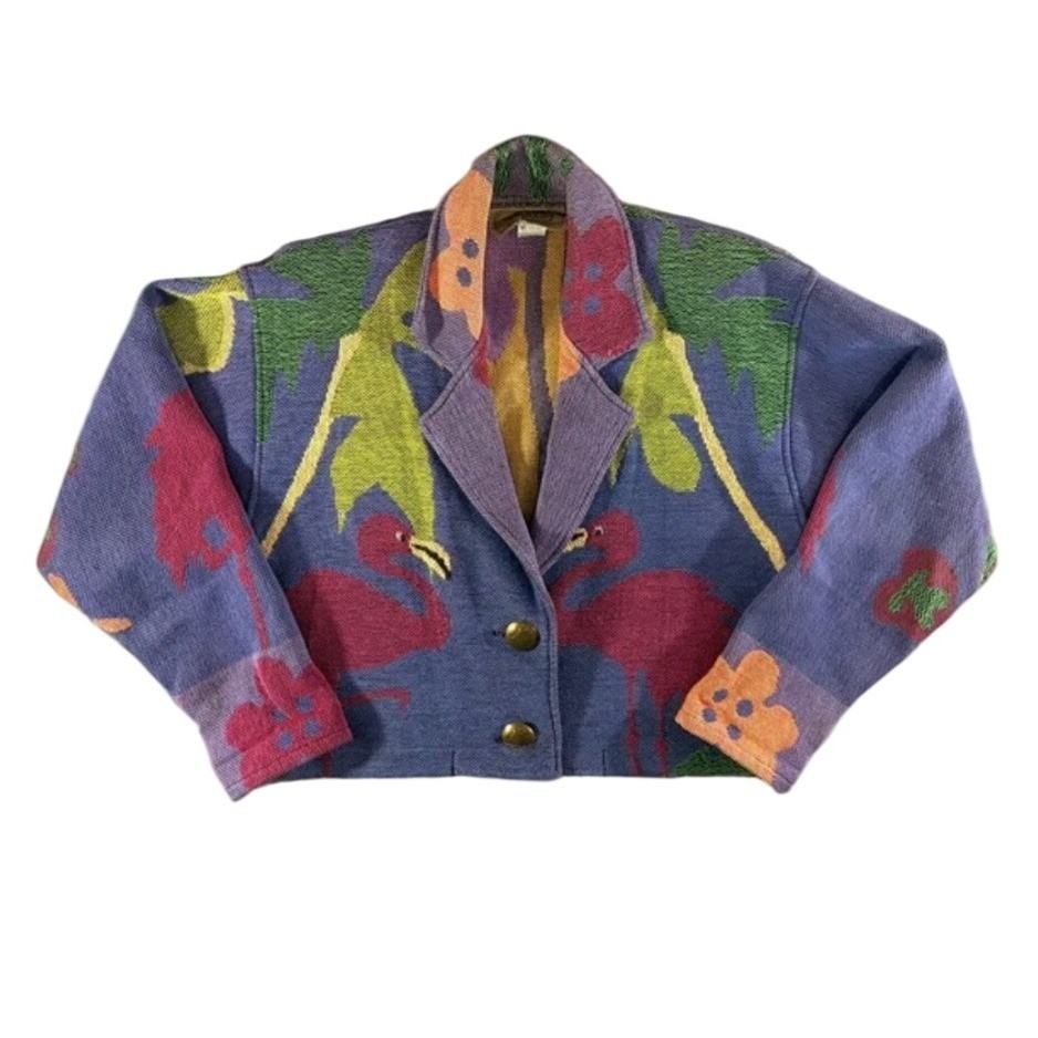 Painted Pony Tapestry Jacket Womens Large Flamingo Tropical Vintage 90s Cropped