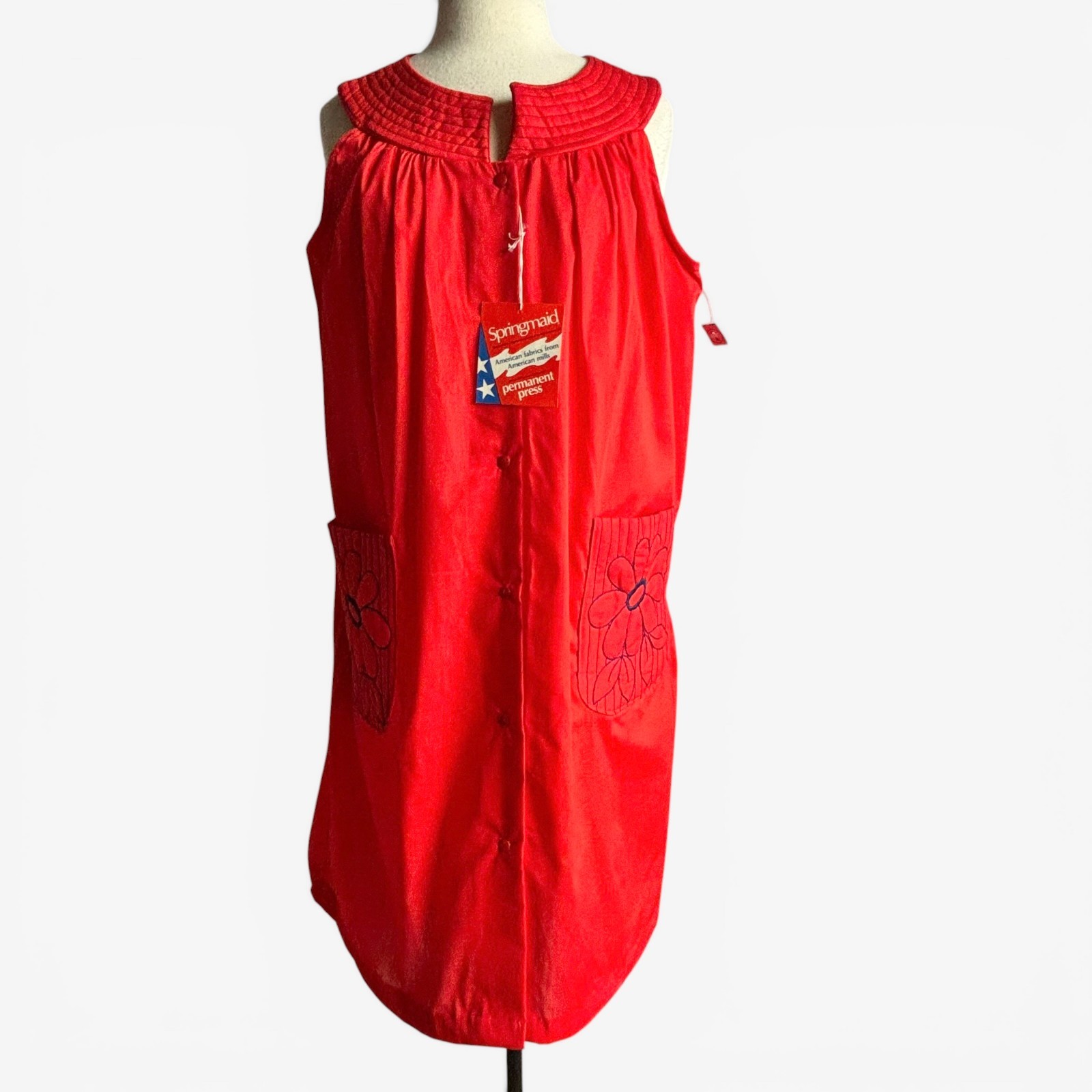 Vintage 1960s Springmaid Red Housecoat Dress Embroidered Pockets NOS NWT