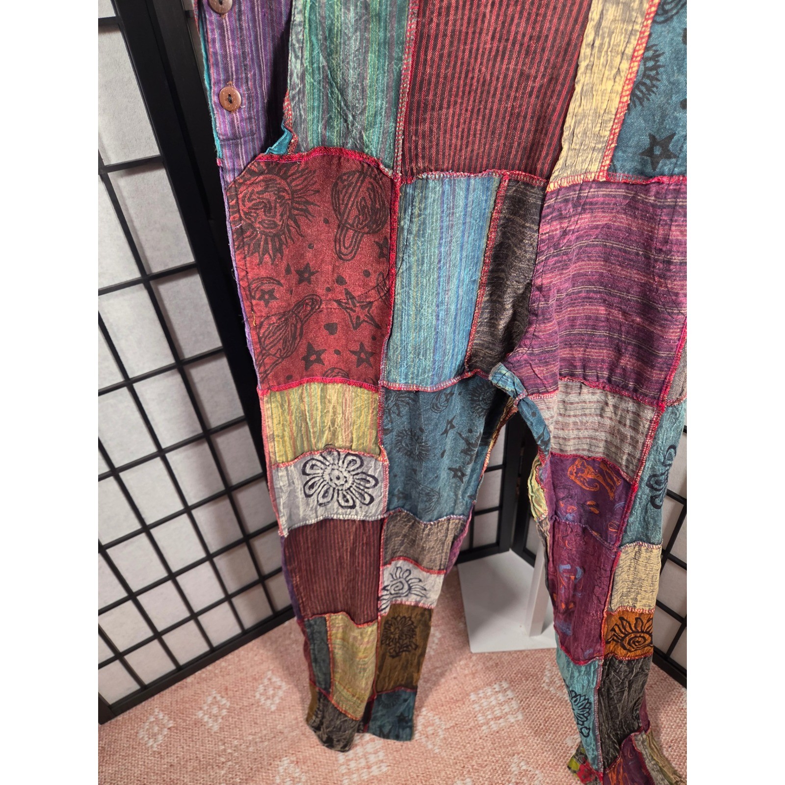 Patchwork Overalls Multi Color Block Print Hippie Festival Bib Jumpsuit LARGE