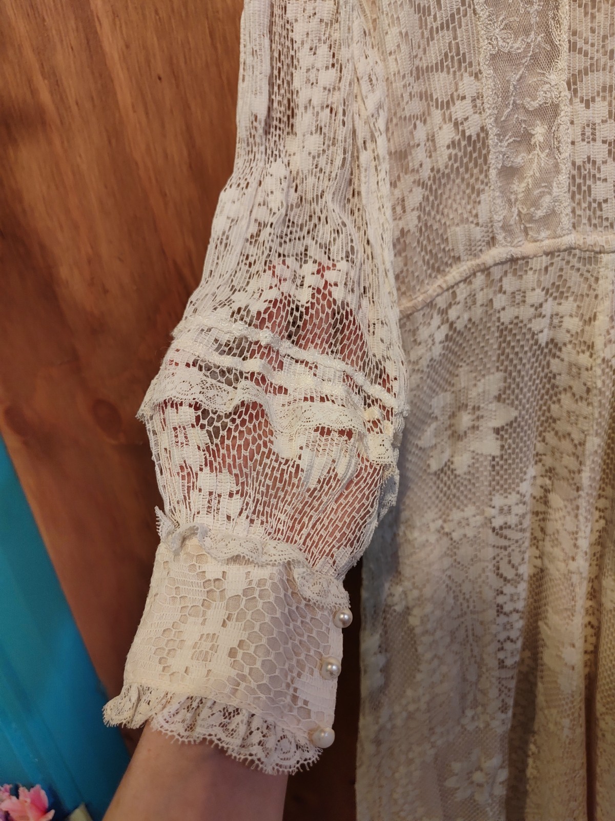 „Coco” Lace Boho Wedding Dress, Vintage 1970s, Champagne / Blush Pink & Ivory