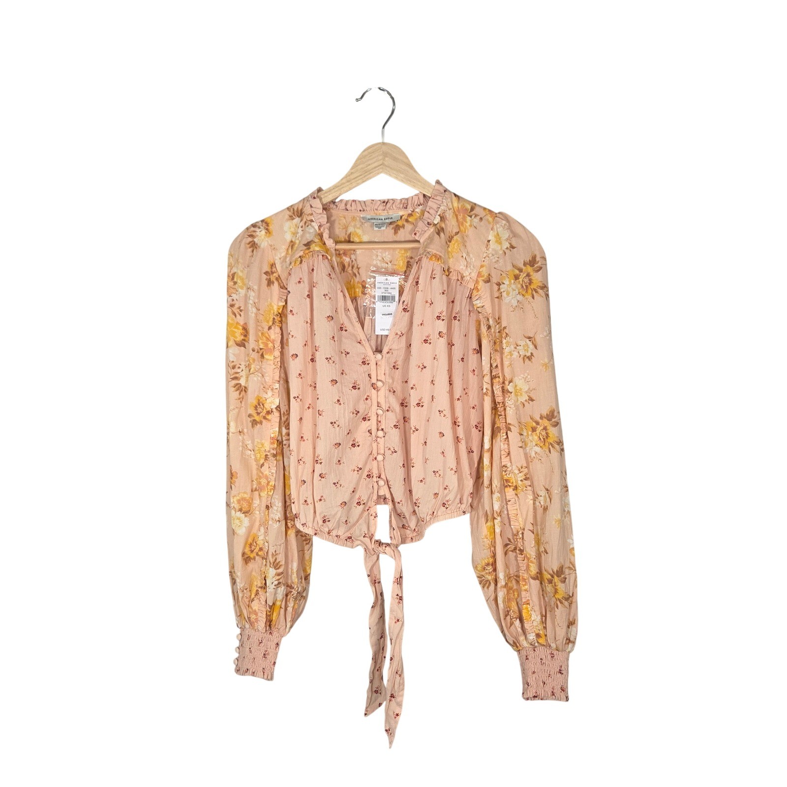 Romantic Boho Prairie Floral Tie Front Cotton Ruffle Sleeve Blouse XS NWT